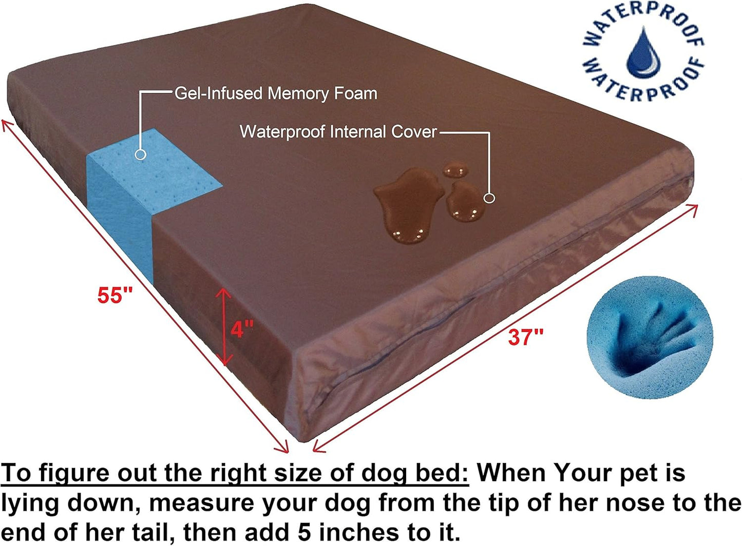 Dogbed4less Luxury XXL Orthopedic Memory Foam Dog Bed for Extra Large Dogs with Durable Waterproof Internal Case, Removable Washable Denim Cover and Bonus Pet Bed Spare Cover, 55X37X4 Inches, Brown - Pet Explorer