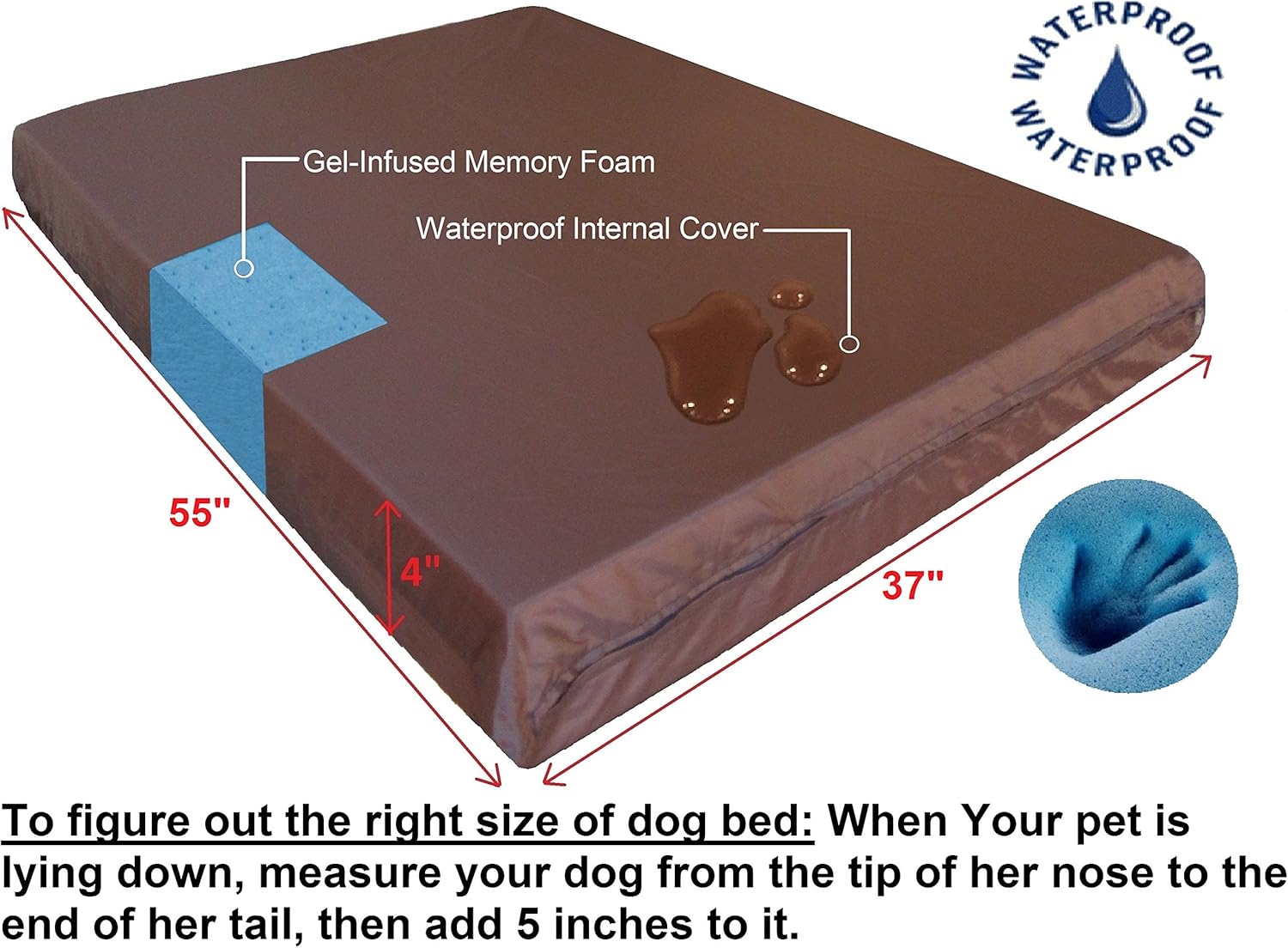 Dogbed4less Luxury XXL Orthopedic Memory Foam Dog Bed for Extra Large Dogs with Durable Waterproof Internal Case, Removable Washable Denim Cover and Bonus Pet Bed Spare Cover, 55X37X4 Inches, Brown - Pet Explorer