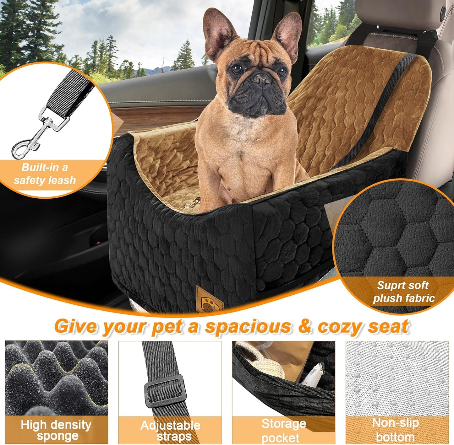 Dog Car Seat for Small/Medium Dogs, Memory Foam Dog Booster Seat, Travel Safety Per Car Seat with Washable Removable Cover, Storage Pockets for Dogs up to 35 lbs(BlackBrown) - Pet Explorer