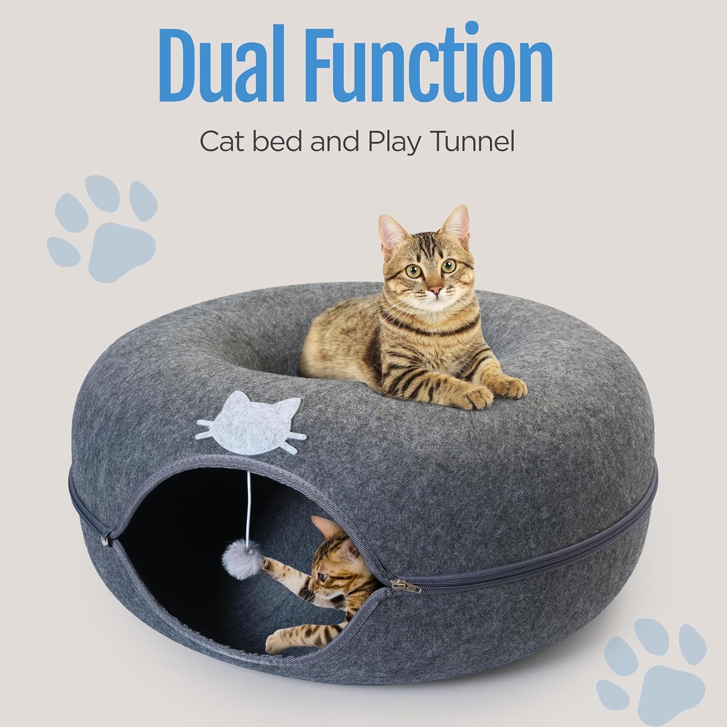 Meow Mansion Large Cat Cave Donut - Cat Tunnel; up to 30lbs - 3 Toy Balls & Hanging Ball Included - Scratch Resistant, Detachable and Cleanable Cat Donut Bed - Pet Explorer