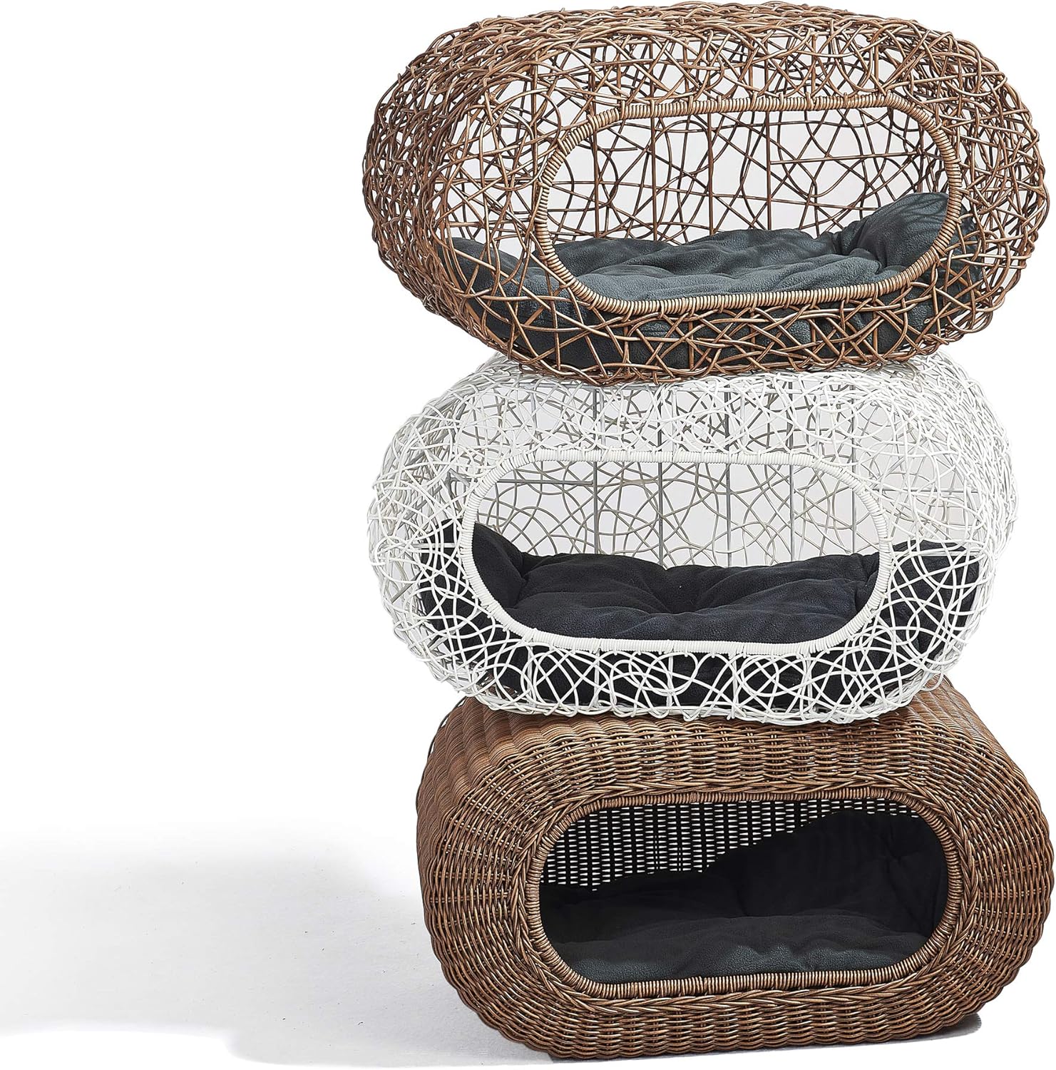 Fun Stackable Wicker Cat Hideaway House - Interactive Play Rattan Cat House for Indoor Cats Kitty, Pet Friendly Top/Side House Entry, Cat Bed Enclosed - Pet Explorer
