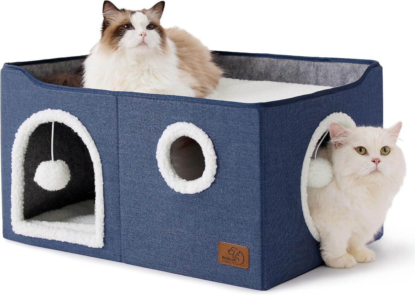 Bedsure Large Cat Beds for Indoor Cats - Extra Wide Cat Cube House for Small Pet with Fluffy Ball Hanging and Scratch Pad, Foldable Pet Cave Hideaway for Multiple Cats, 23.6x16.9x13 inches, Blue - Pet Explorer