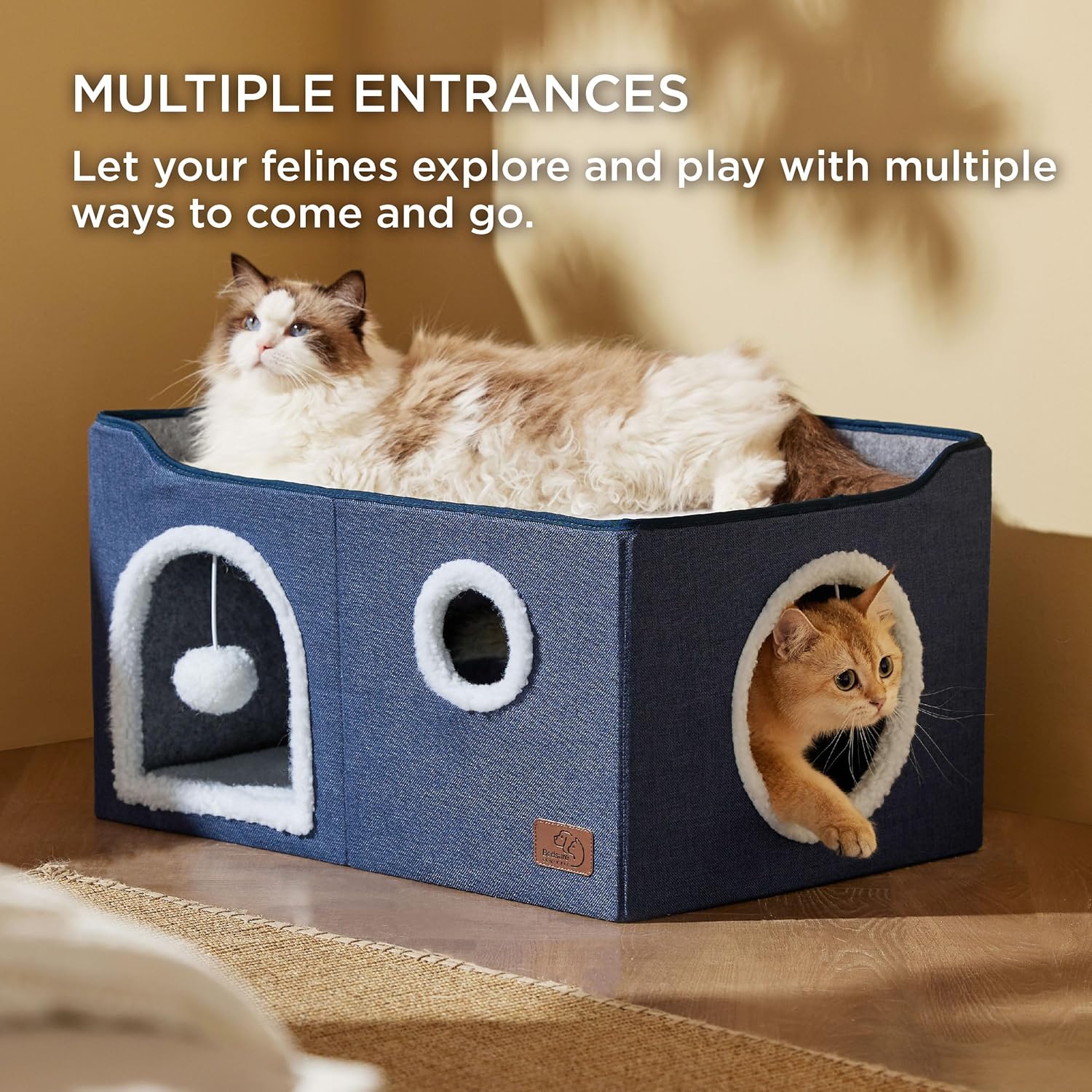 Bedsure Large Cat Beds for Indoor Cats - Extra Wide Cat Cube House for Small Pet with Fluffy Ball Hanging and Scratch Pad, Foldable Pet Cave Hideaway for Multiple Cats, 23.6x16.9x13 inches, Blue - Pet Explorer