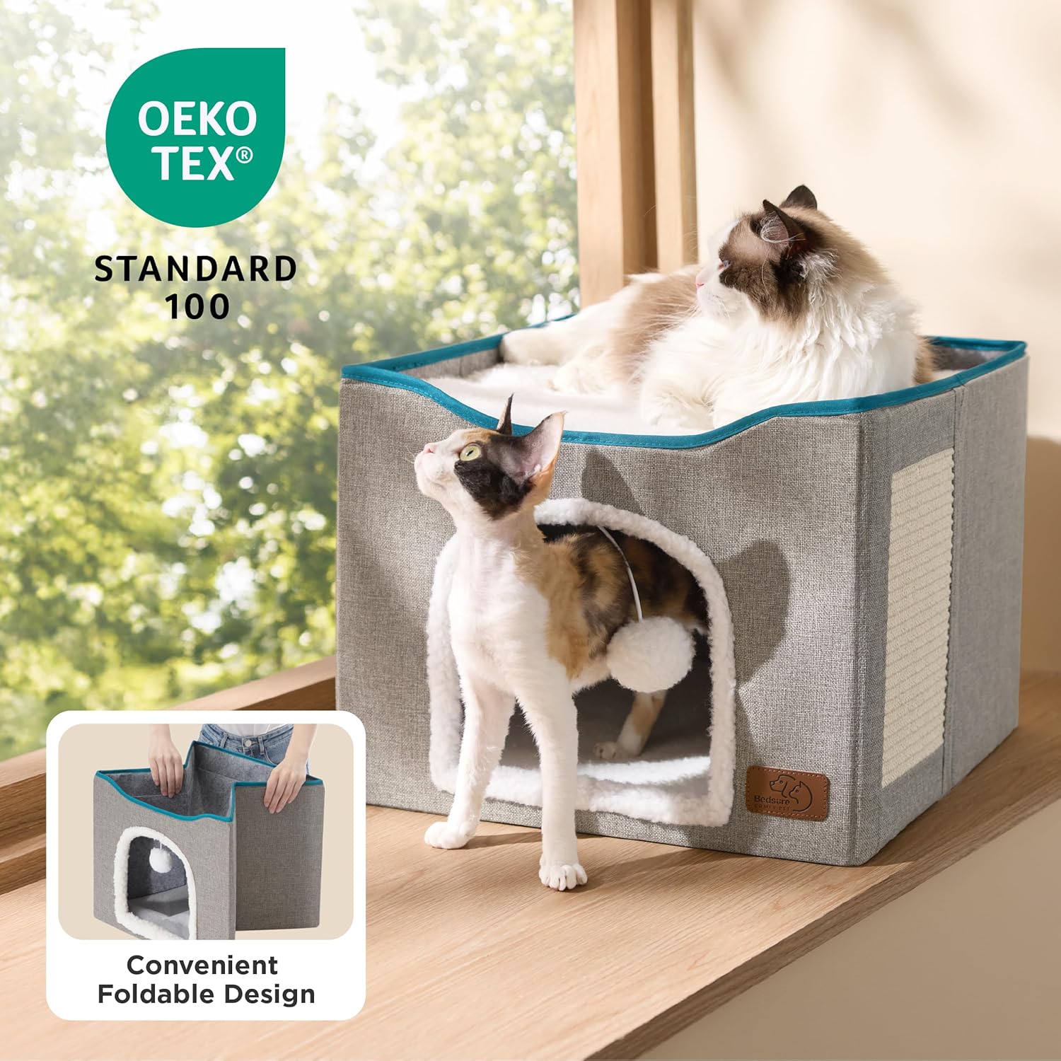 Bedsure Cat Beds for Indoor Cats - Large Cat Cave for Pet Cat House with Fluffy Ball Hanging and Scratch Pad, Foldable Cat Hideaway, 16.5x16.5x13 inches, Grey - Pet Explorer