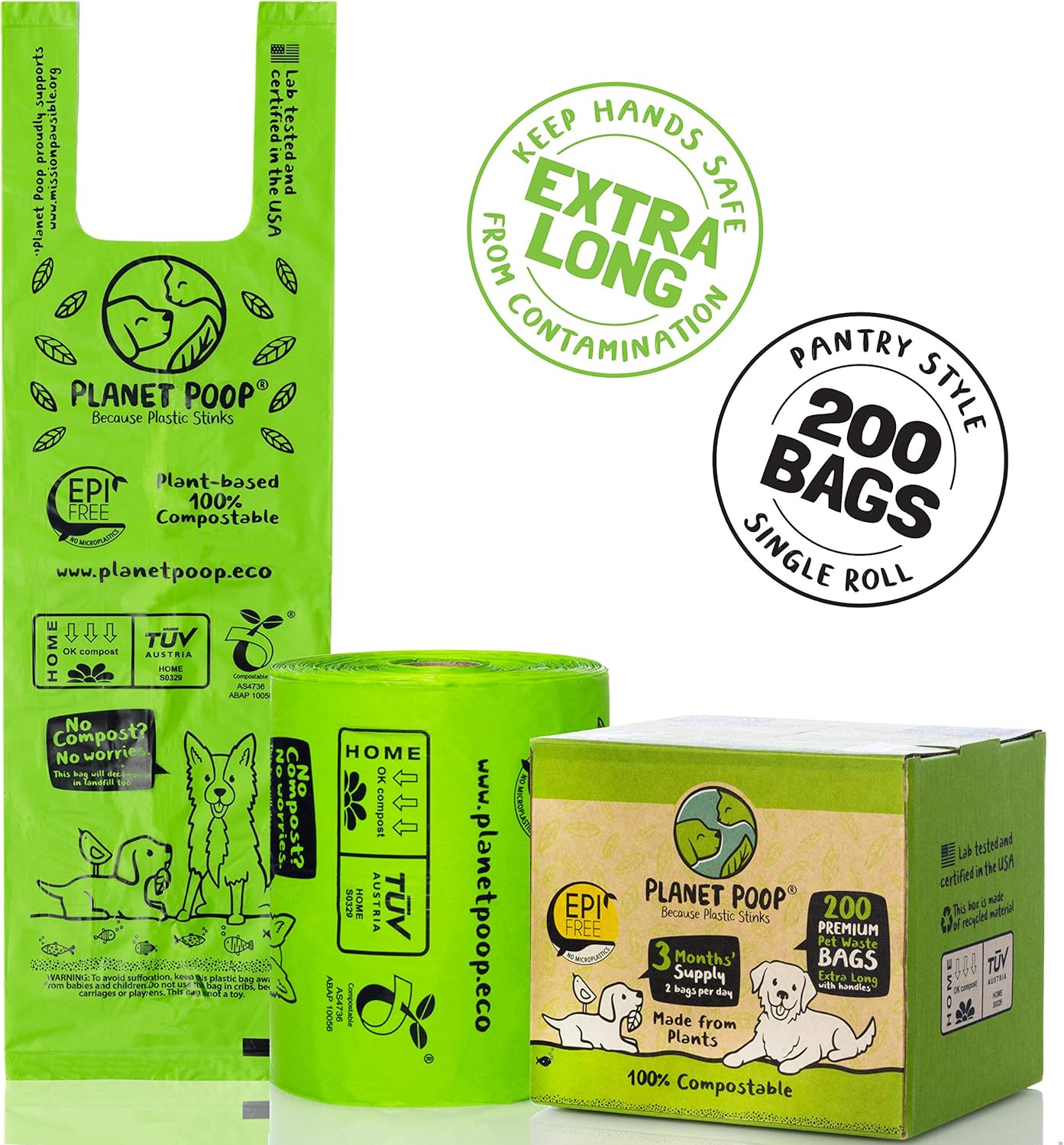 PLANET POOP Home Compostable Dog Poop Bags Extra Long with Handles | Large Single Roll 200 Grab & Go | Un-scented Dog Waste Bag | Leakproof Doggy & Cat Bags | Plant-Based Pet Supplies - Pet Explorer