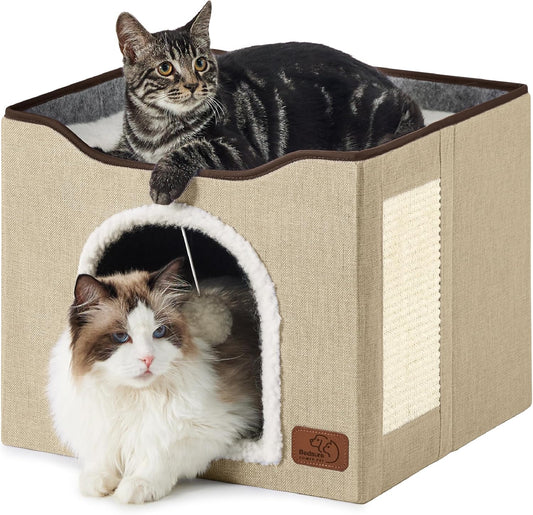 Bedsure Cat Beds for Indoor Cats - Large Cat Cave for Pet Cat House with Fluffy Ball Hanging and Scratch Pad, Foldable Cat Hideaway, 16.5x16.5x13 inches, Brown - Pet Explorer