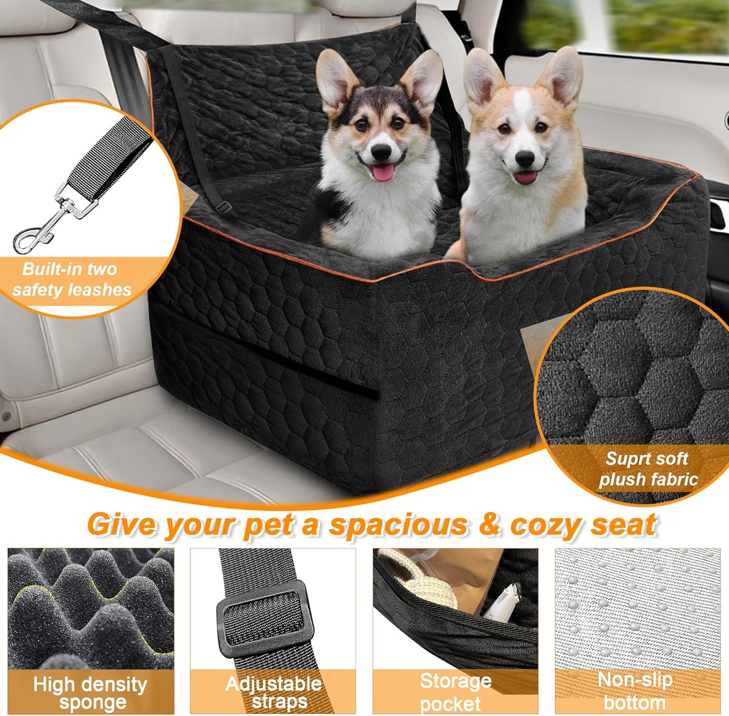 Dog Car Seat for Medium/Large Dogs, Washable Dog Booster Seat Under 60 lbs or 2 Small Dogs, Multi-Functional Pet Car Seat with Thick Cushion, 2 Safety Leashes (Black) - Pet Explorer