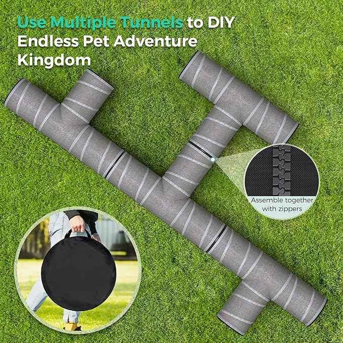 Cat Tunnel 4 Way with Teaser Wand & 2 Plush Ball, 5 Shapes Available, 54/80.7" L, H-Shaped Collapsible Pet Play Tube Maze for Kitten Puppy Bunny Ferret Rabbit, Indoor/Outdoor Peekaboo Cave