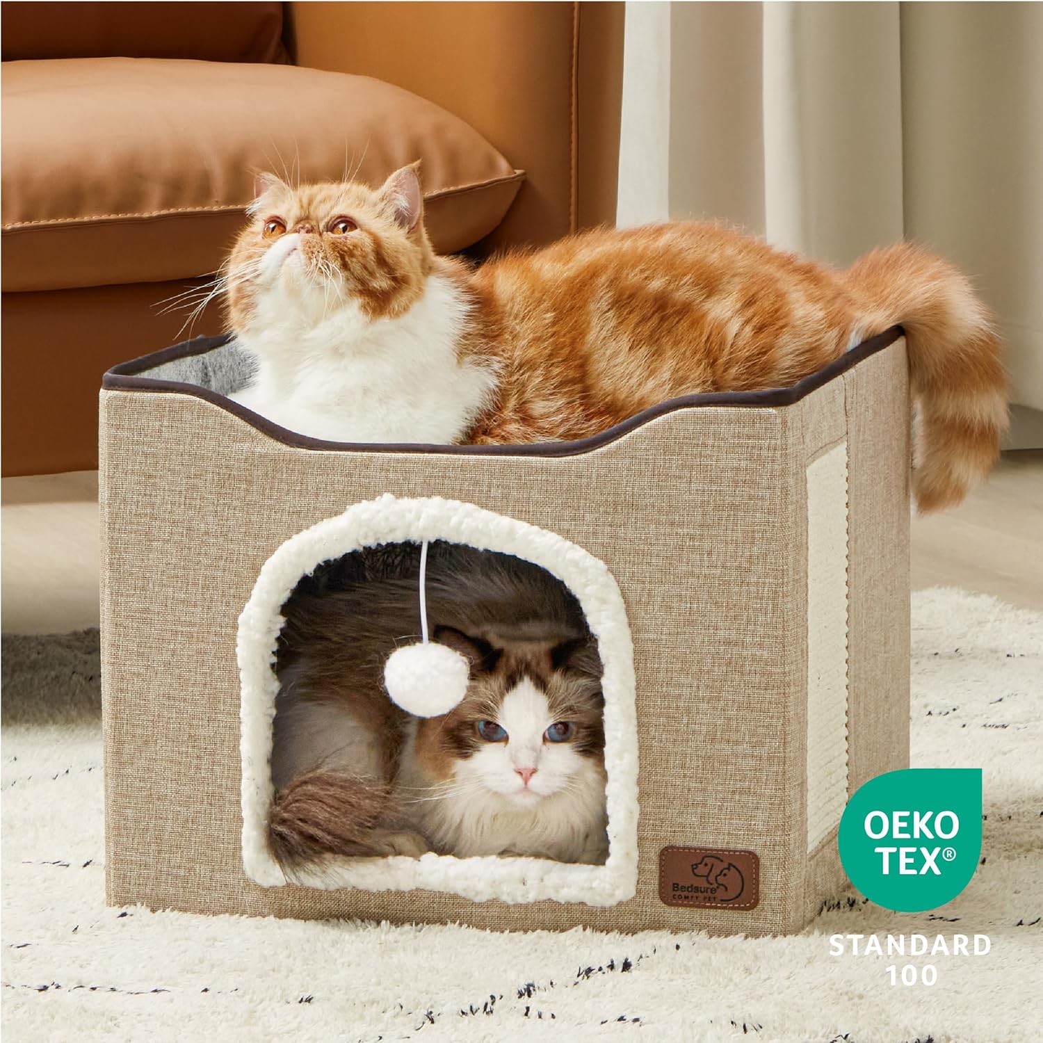 Bedsure Cat Beds for Indoor Cats - Large Cat Cave for Pet Cat House with Fluffy Ball Hanging and Scratch Pad, Foldable Cat Hideaway, 16.5x16.5x13 inches, Brown - Pet Explorer