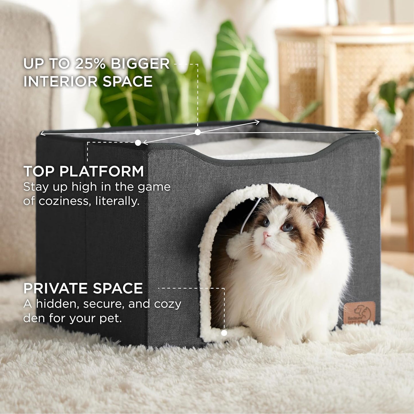 Bedsure Cat Beds for Indoor Cats - Large Cat Cave for Pet Cat House with Fluffy Ball Hanging and Scratch Pad, Foldable Cat Hideaway, 16.5x16.5x13 inches, Dark Grey - Pet Explorer