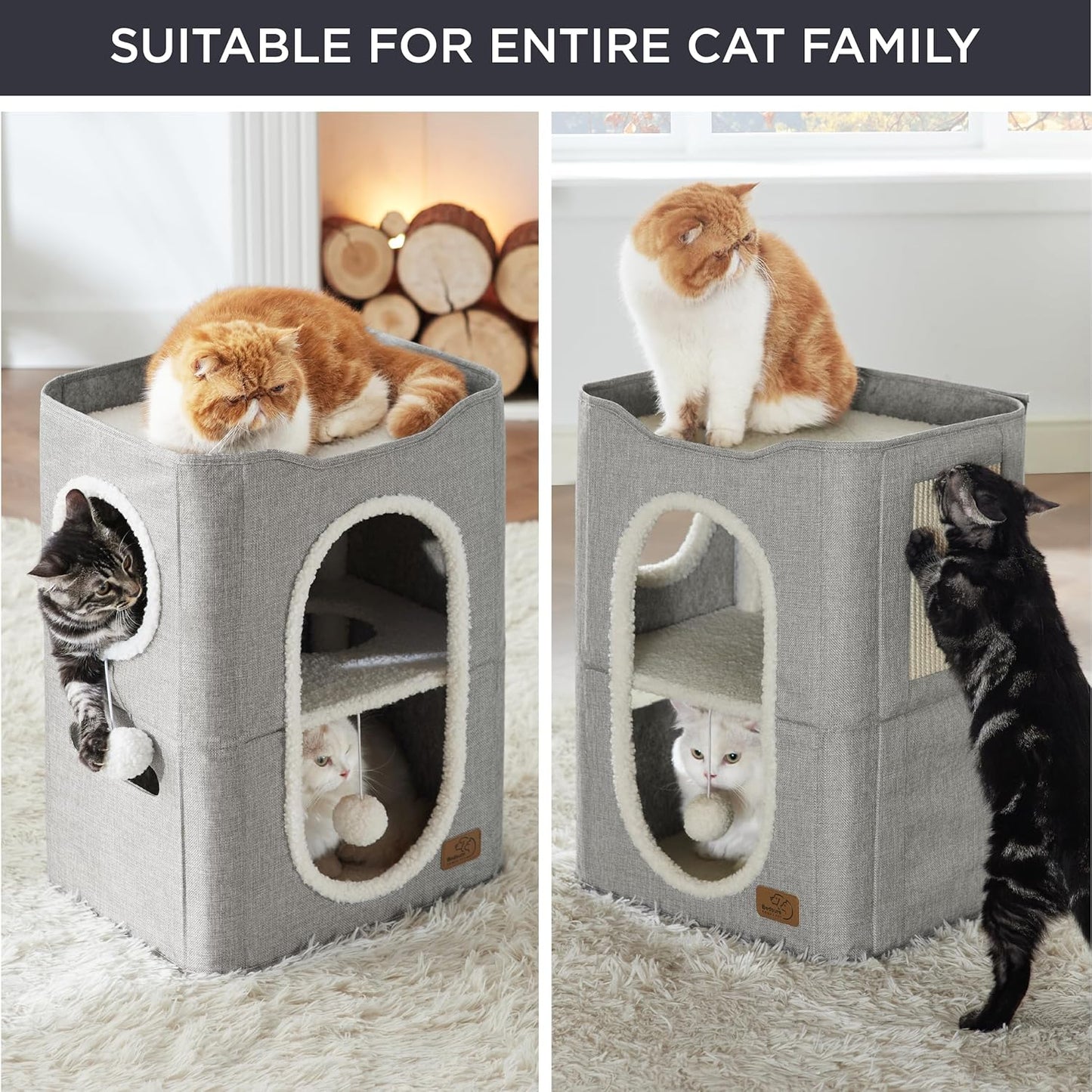 Bedsure 2 Story Cat House - Cat Condos for Indoor Cats with Scratch Pad and Fluffy Ball Hanging, Small Pet Cave Furniture Hideaway for Multi Pets, 18x14x23 inches, Grey - Pet Explorer