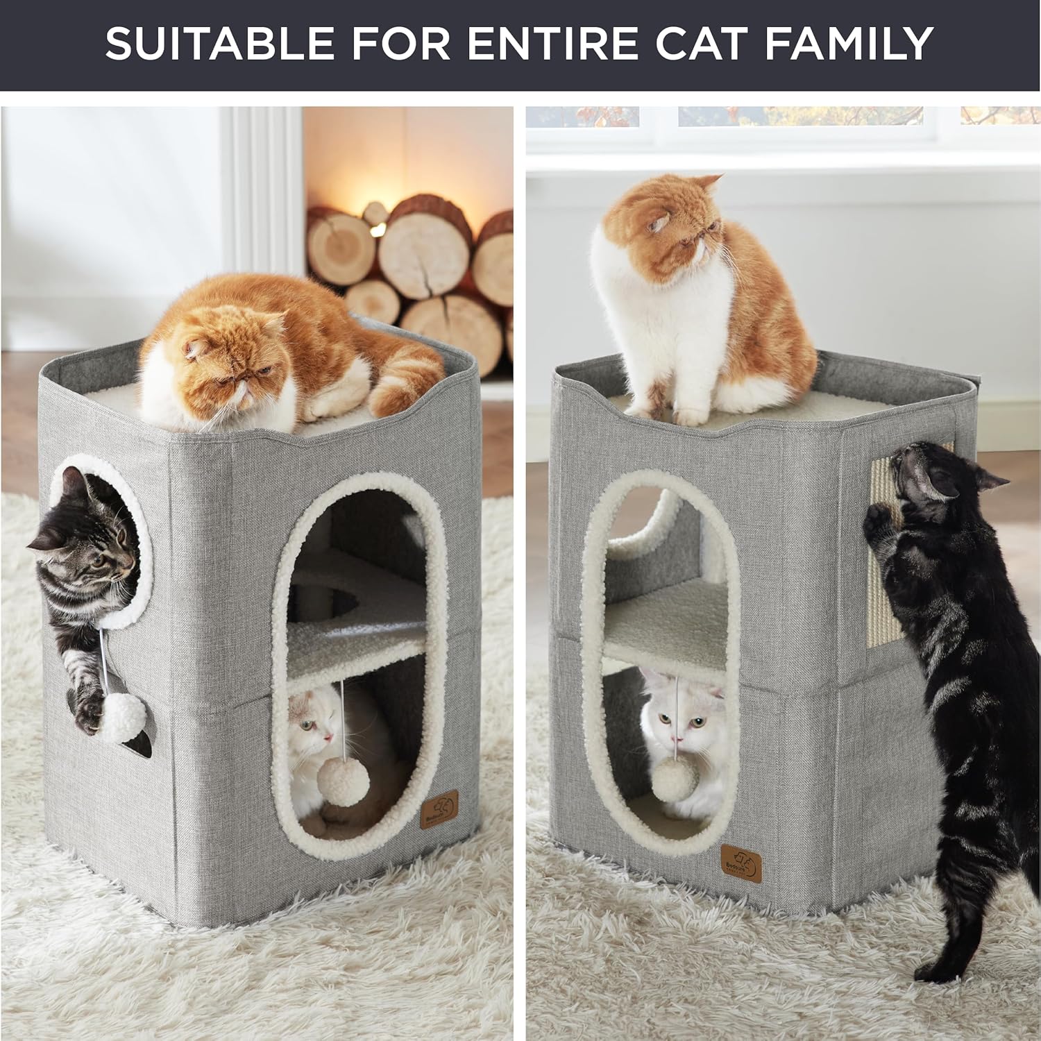 Bedsure 2 Story Cat House - Cat Condos for Indoor Cats with Scratch Pad and Fluffy Ball Hanging, Small Pet Cave Furniture Hideaway for Multi Pets, 18x14x23 inches, Grey - Pet Explorer