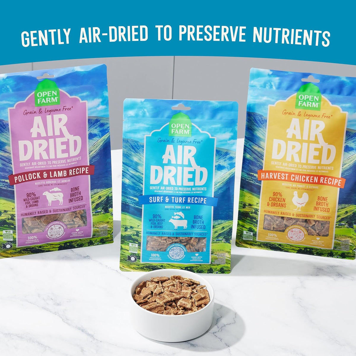 Open Farm, Air Dried Dog Food Infused with Bone Broth, Grain & Legume Free, Complete Meal or Food Topper, Surf & Turf Recipe, 2lb Bag