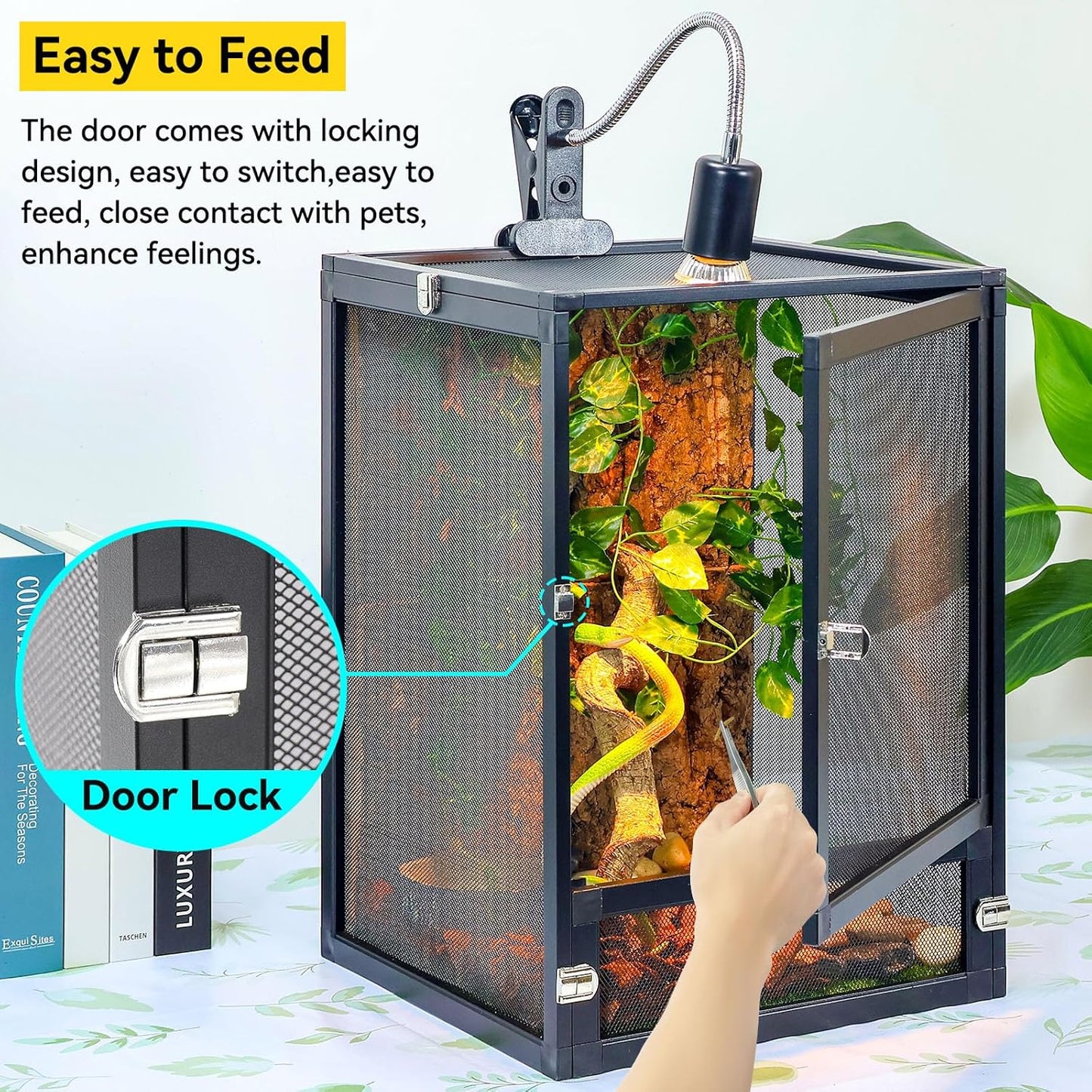 13 Gallon 360° Panoramic Foldable Reptile Terrarium Kit: Crested Gecko Tank and Reptile Cage for Superior Ventilation, Easy Feeding, Sturdiness, and Simple Assembly (Black, 18"x13"x13") - Pet Explorer