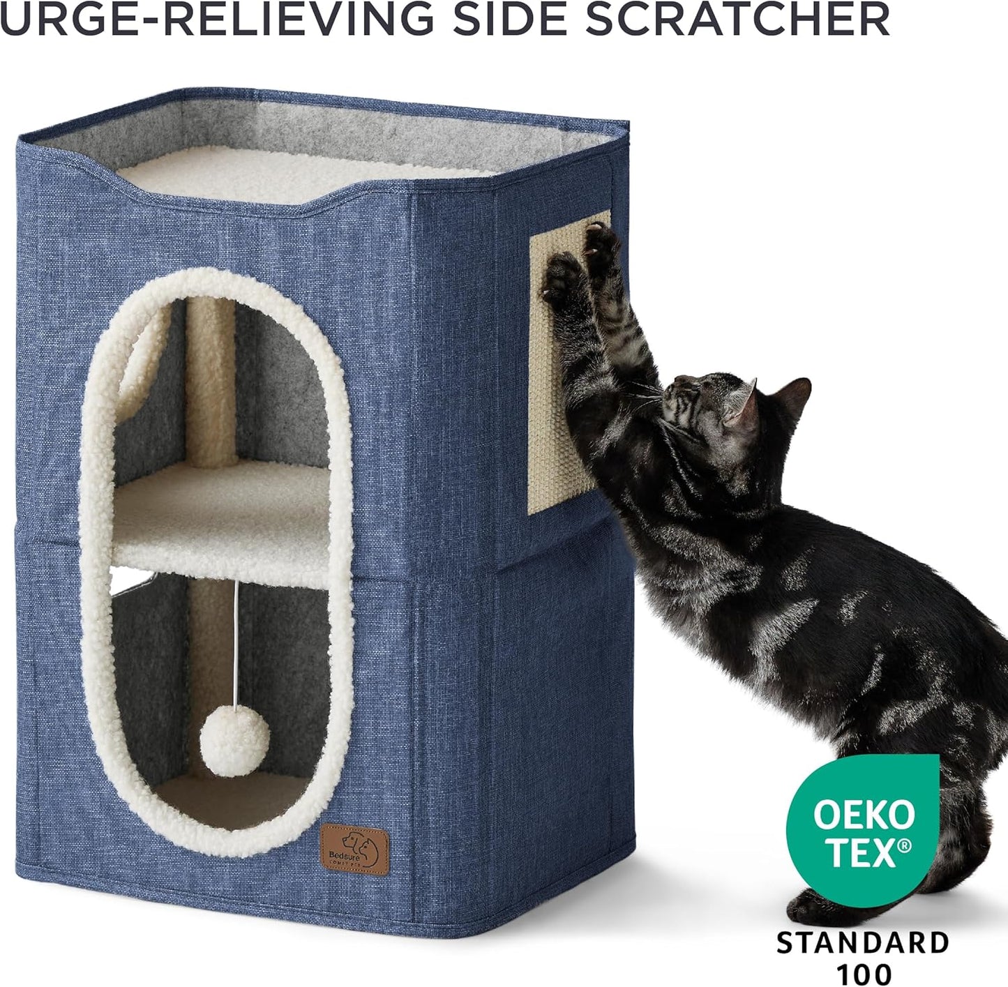 Bedsure 2 Story Cat House - Cat Condos for Indoor Cats with Scratch Pad and Fluffy Ball Hanging, Small Pet Cave Furniture Hideaway for Multi Pets, 18x14x23 inches, Blue - Pet Explorer
