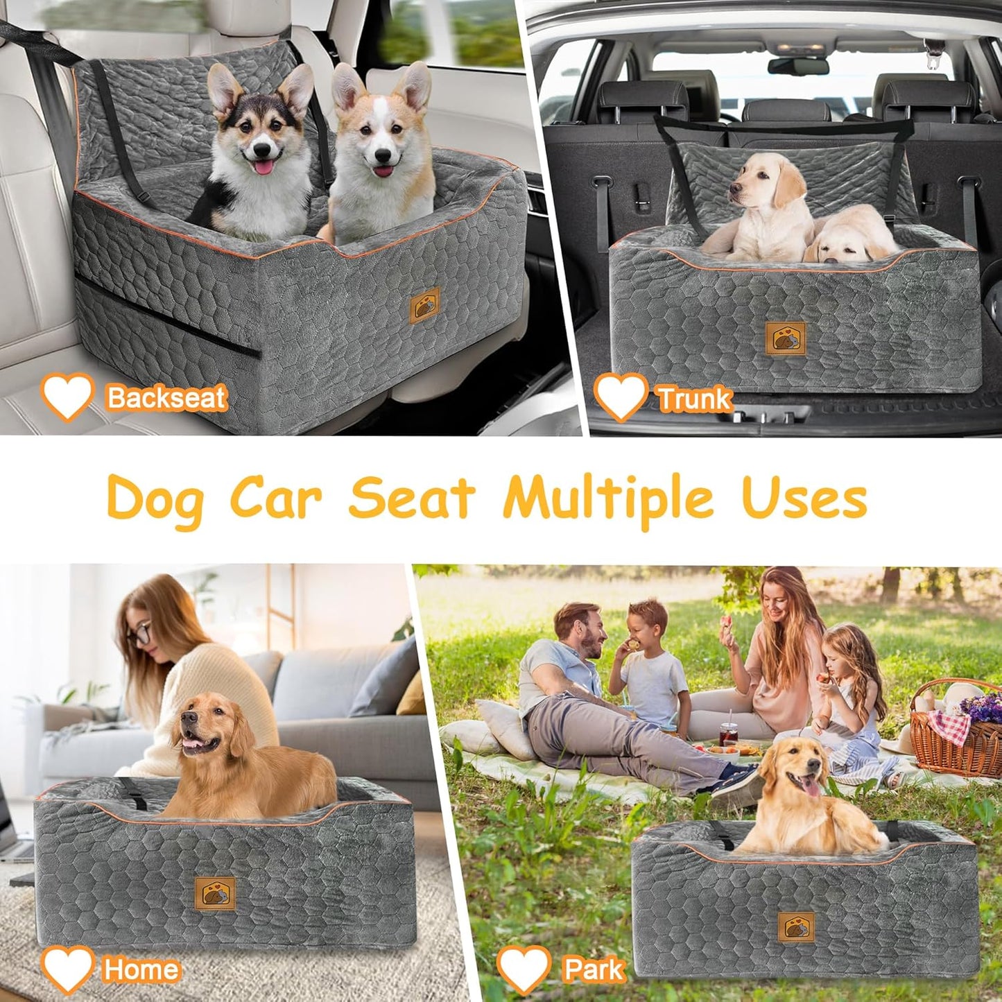 Dog Car Seat for Medium/Large Dog Booster Seat Under 60 lbs or 2 Small Dogs, Multi-Functional Pet Car Seat with Thick Cushion, 2 Safety Leashes (Gray) - Pet Explorer