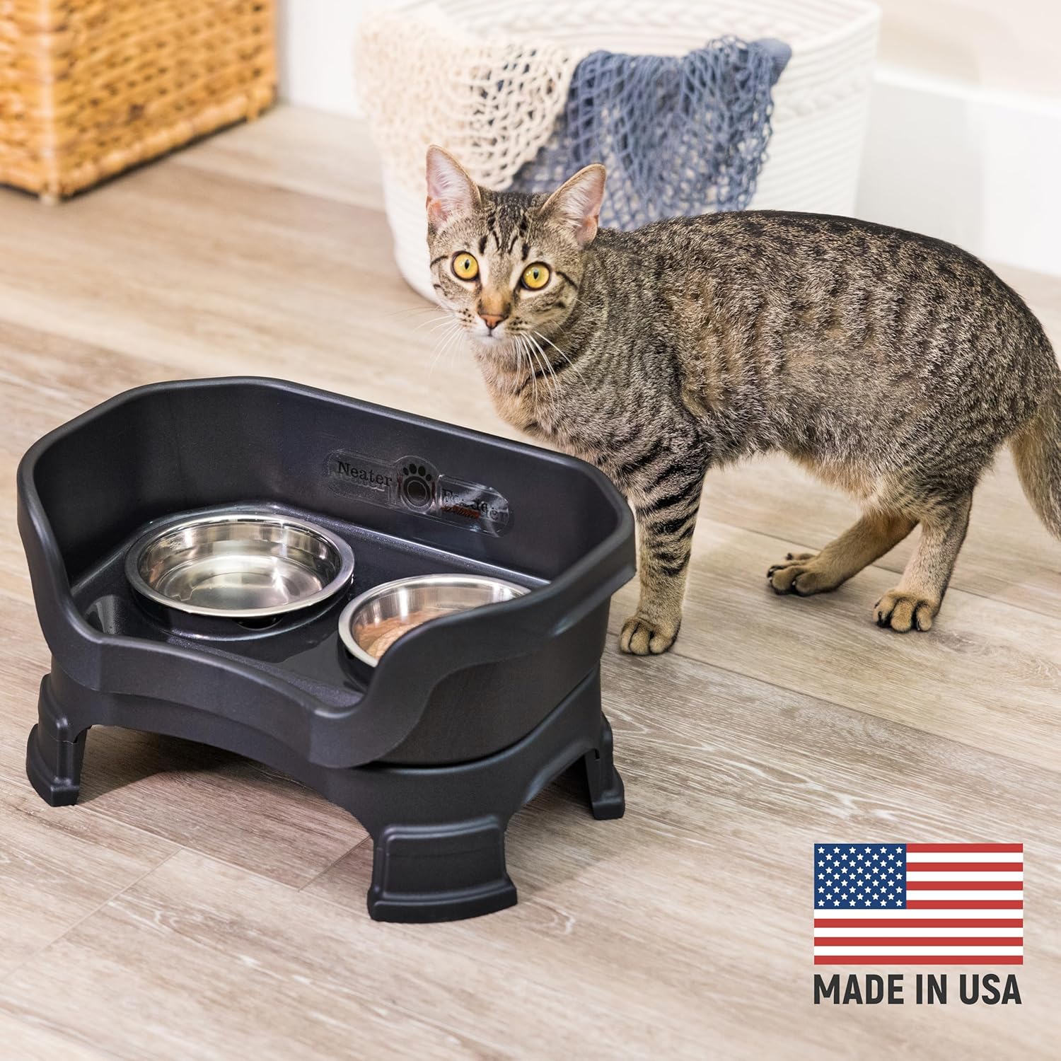 Neater Feeder Deluxe Mess Proof Cat Bowls Elevated for All Breeds – Made in USA – No Spill Raised Cat Bowls for Indoor Cats w/Leg Extensions – Stainless Steel Cat Food and Water Bowl Set - Black - Pet Explorer