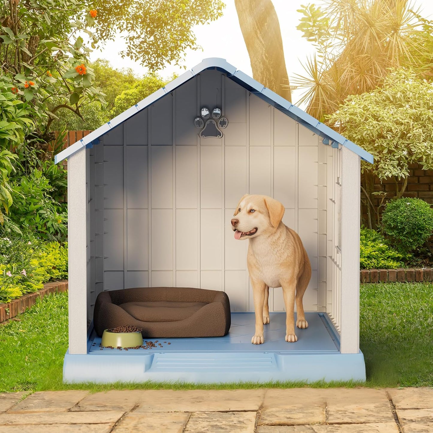 Large Dog House Outdoor Indoor for Medium Large Dogs, Durable Plastic Waterproof Doghouse with Air Vents and Elevated Floor, Easy Clean and Assemble (Blue, 37.2" L x 40" W x 40" H) - Pet Explorer