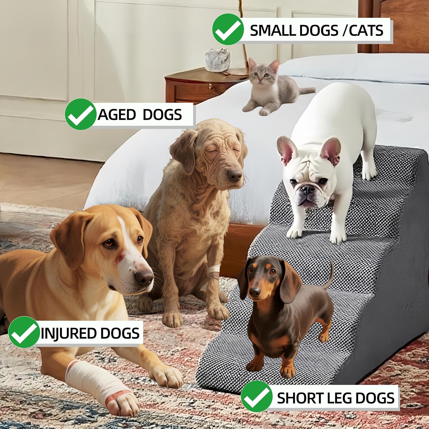 5 Step Pet Stairs Ramp for High Beds Sofas 5-30 Inch with Sturdy Non Slip Waterproof Pads, Machine Washable Cover Indoor Balanced Design for Cats Dogs Small Medium Large XL Pets Grey (Grey, Large, 1) - Pet Explorer
