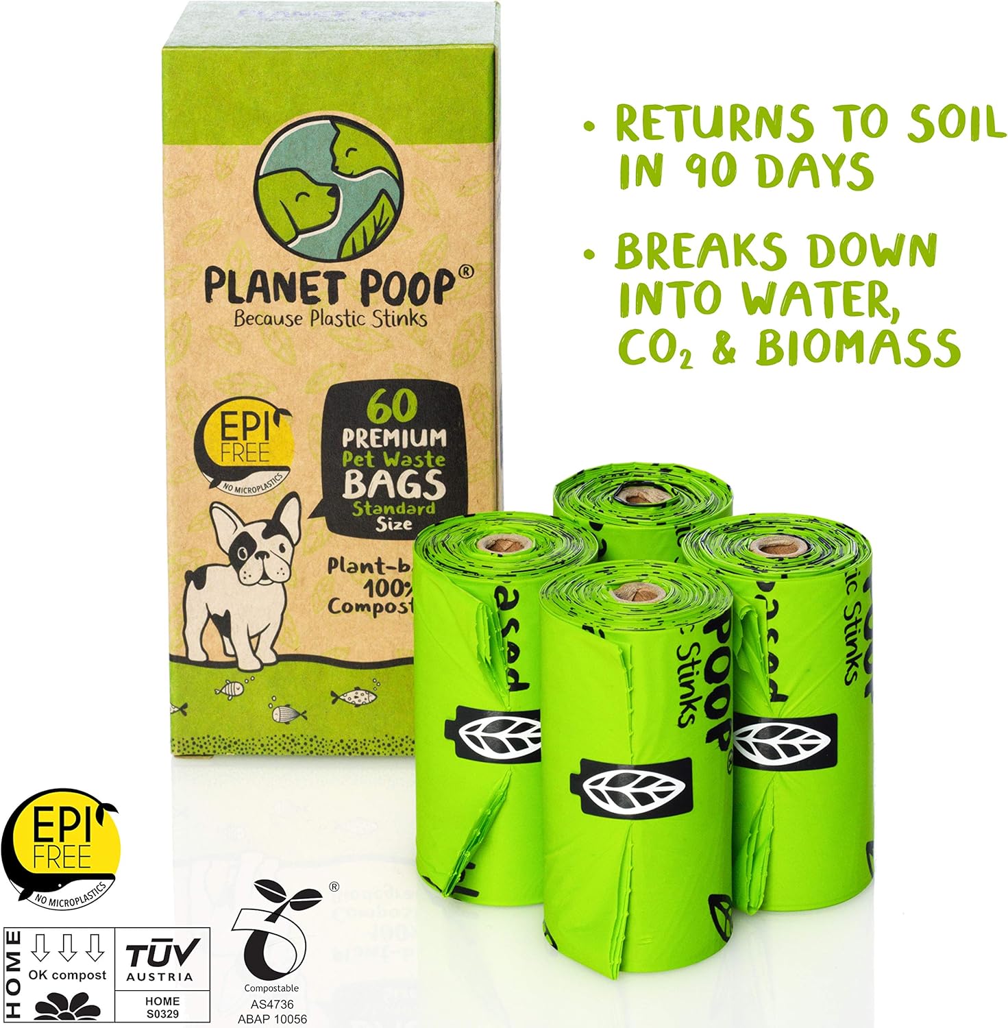 PLANET POOP Home Compostable Dog Poop Bags on Refill Rolls, 60 Un-Scented Pet Waste Bags, Thick Leakproof Plant-Based Doggy Bag, Cat & Dogs Supplies - Pet Explorer