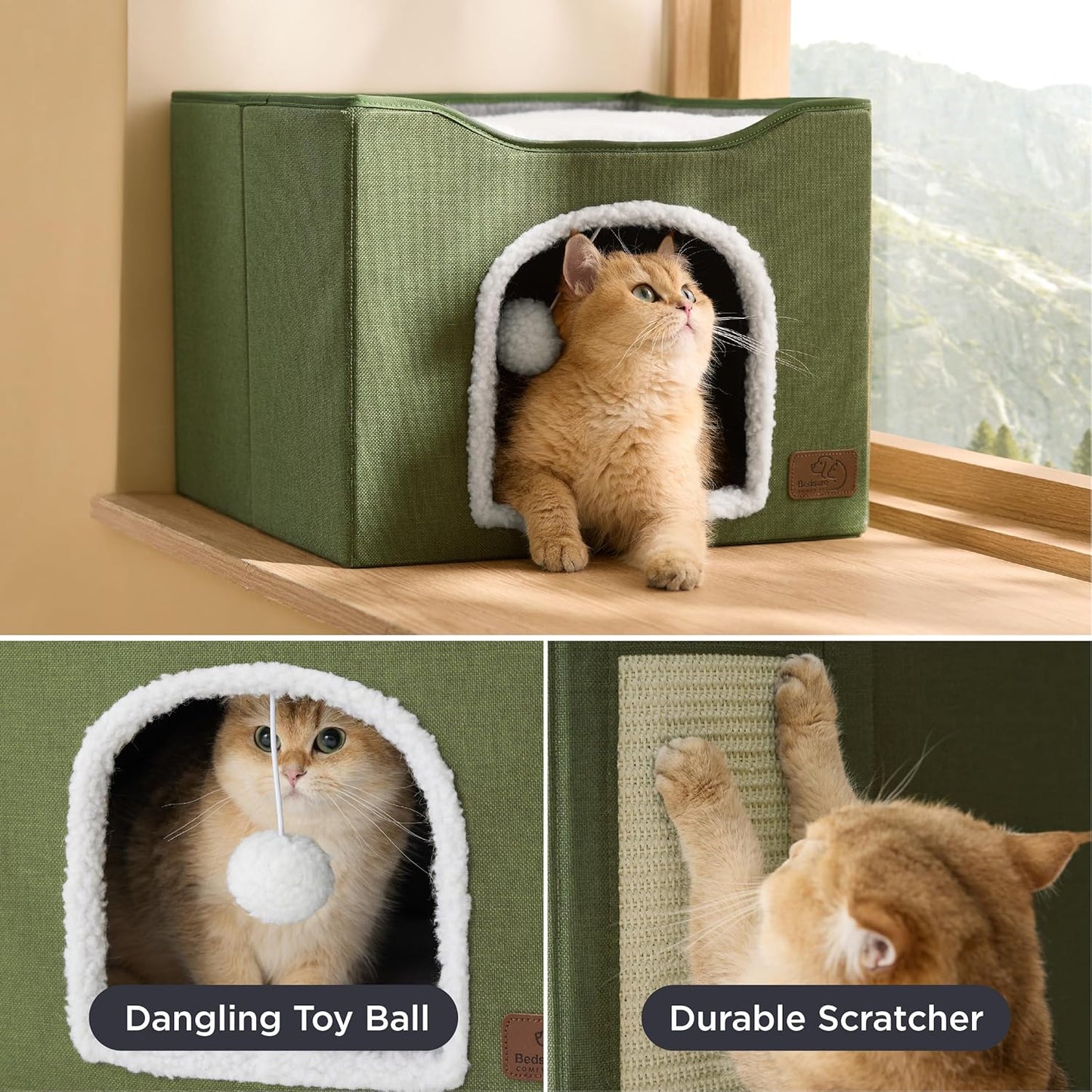 Bedsure Cat Beds for Indoor Cats - Large Cat Cave for Pet Cat House with Fluffy Ball Hanging and Scratch Pad, Foldable Cat Hideaway, 16.5x16.5x13 inches, Loden Green - Pet Explorer