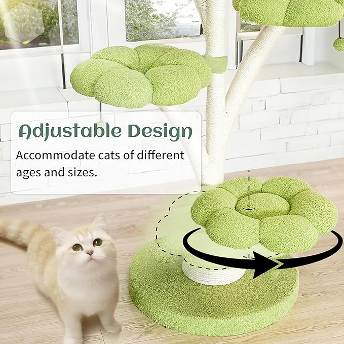 FKWin 71 Inch Tall Cat Tree, Flower Shape Scratching Post, Cat Scratcher, Cat Furniture for Indoor Cats, Kittens Pet House, Cat Bed with Hang Ball, Plush Cat Tower for Large and Small Cats(Green)