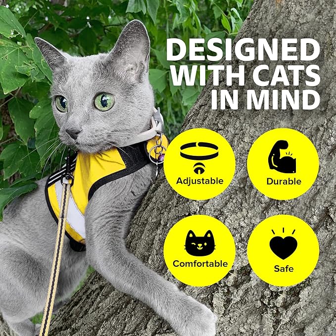 Kitty Holster Reflective Cat Harness – High-Visibility Cat Harness for Travel, Day and Night Walking - Soft Cotton Cat Accessories, Breathable, Secure & Washable, Made in USA - Sunshine Yellow, S to M