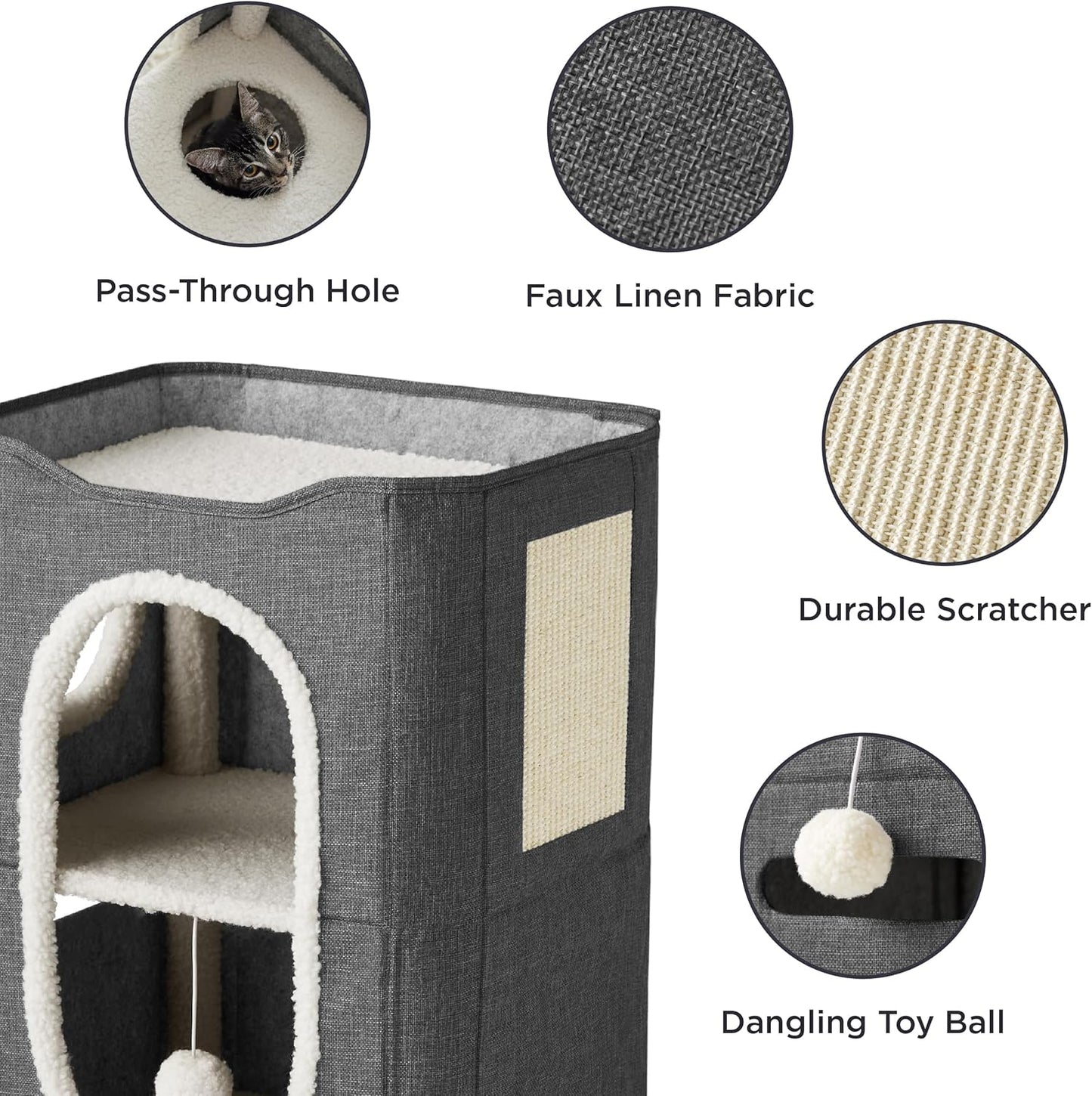 Bedsure 2 Story Cat House - Cat Condos for Indoor Cats with Scratch Pad and Fluffy Ball Hanging, Small Pet Cave Furniture Hideaway for Multi Pets, 18x14x23 inches, Dark Grey - Pet Explorer