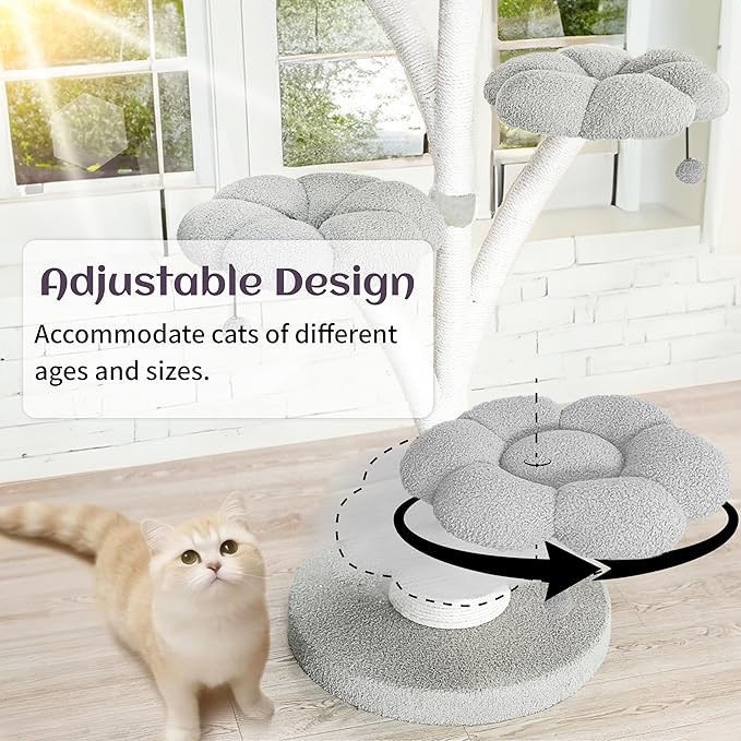 FKWin 71 Inch Tall Cat Tree, Flower Shape Scratching Post, Cat Scratcher, Cat Furniture for Indoor Cats, Kittens Pet House, Cat Bed with Hang Ball, Plush Cat Tower for Large and Small Cats(Gray)