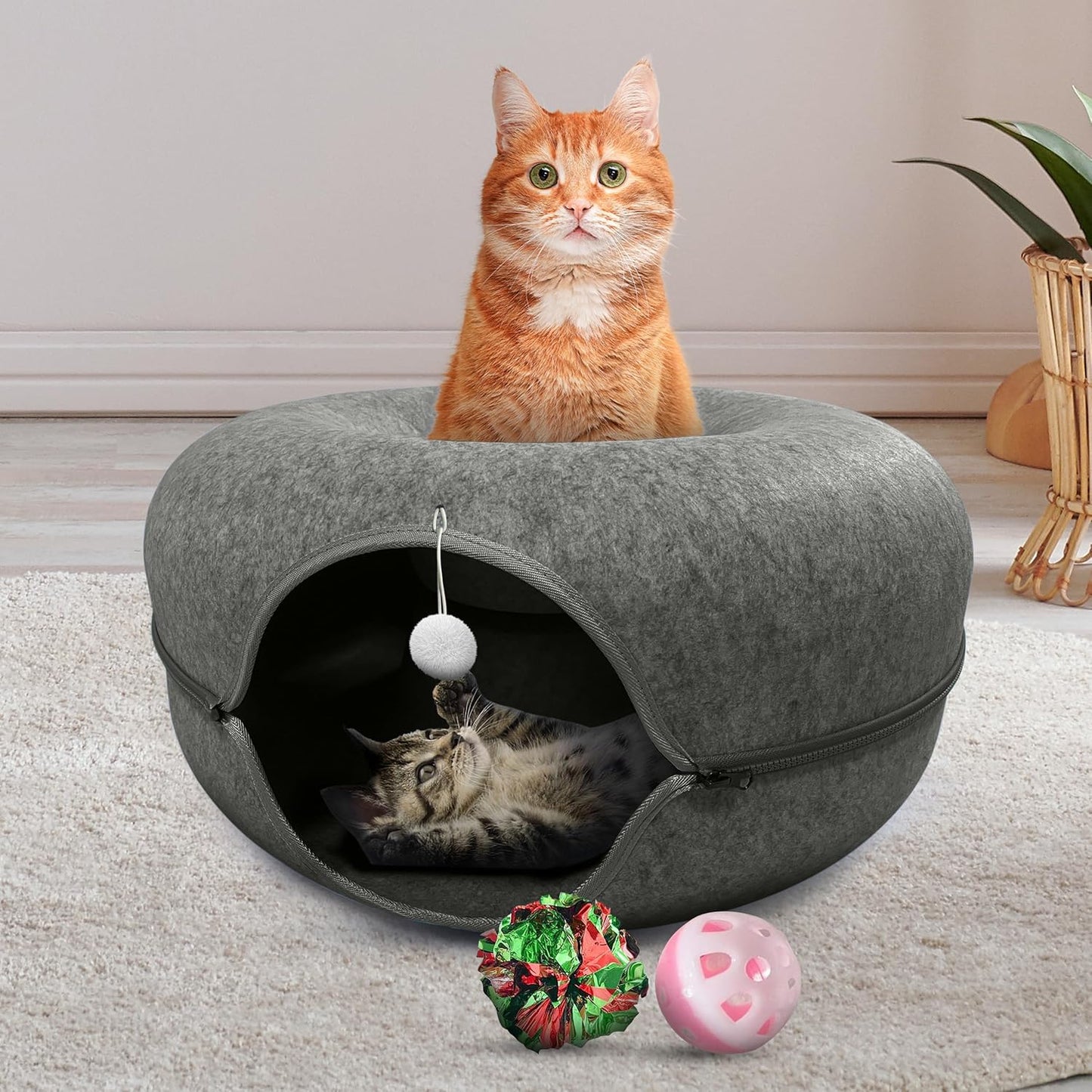 Okoco Cat Tunnel Bed for Indoor Cats Large, 24" Peekaboo Cat Cave Donut Bed for Pets up to 45lbs, 2-in-1 Round Tube with Hanging Ball Toy & Removable Machine Washable Parts (Dark Gray) - Pet Explorer