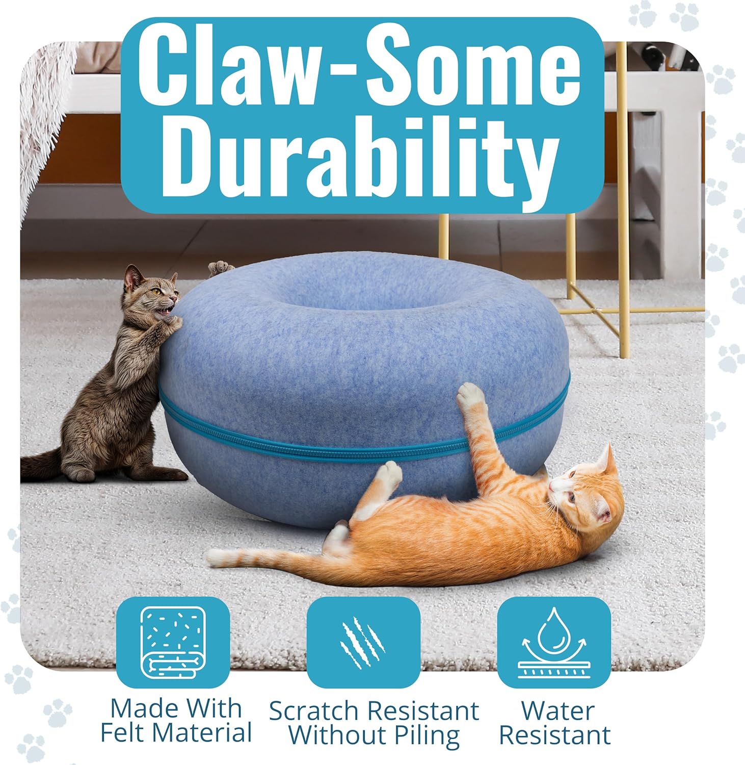 Okoco Cat Tunnel Bed for Indoor Cats Large, 24" Peekaboo Cat Cave Donut Bed for Pets up to 45lbs, 2-in-1 Round Tube with Hanging Ball Toy & Removable Machine Washable Parts (Light Blue) - Pet Explorer