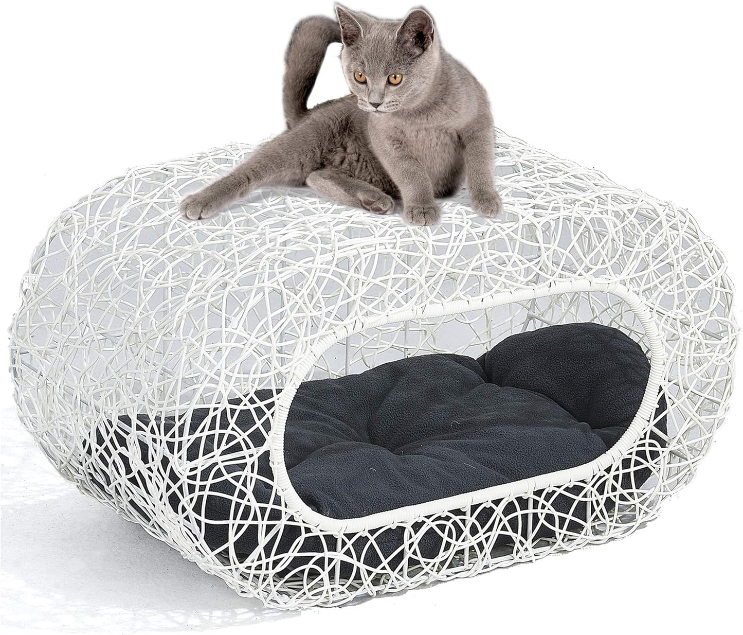 D+GARDEN Fun Stackable White Cat Condo for Indoor Cats - Interactive Play Rattan Modern Cat House for Indoor Cats Kitty, Pet Friendly Top/Side House Entry, Cat Bed Enclosed - Pet Explorer
