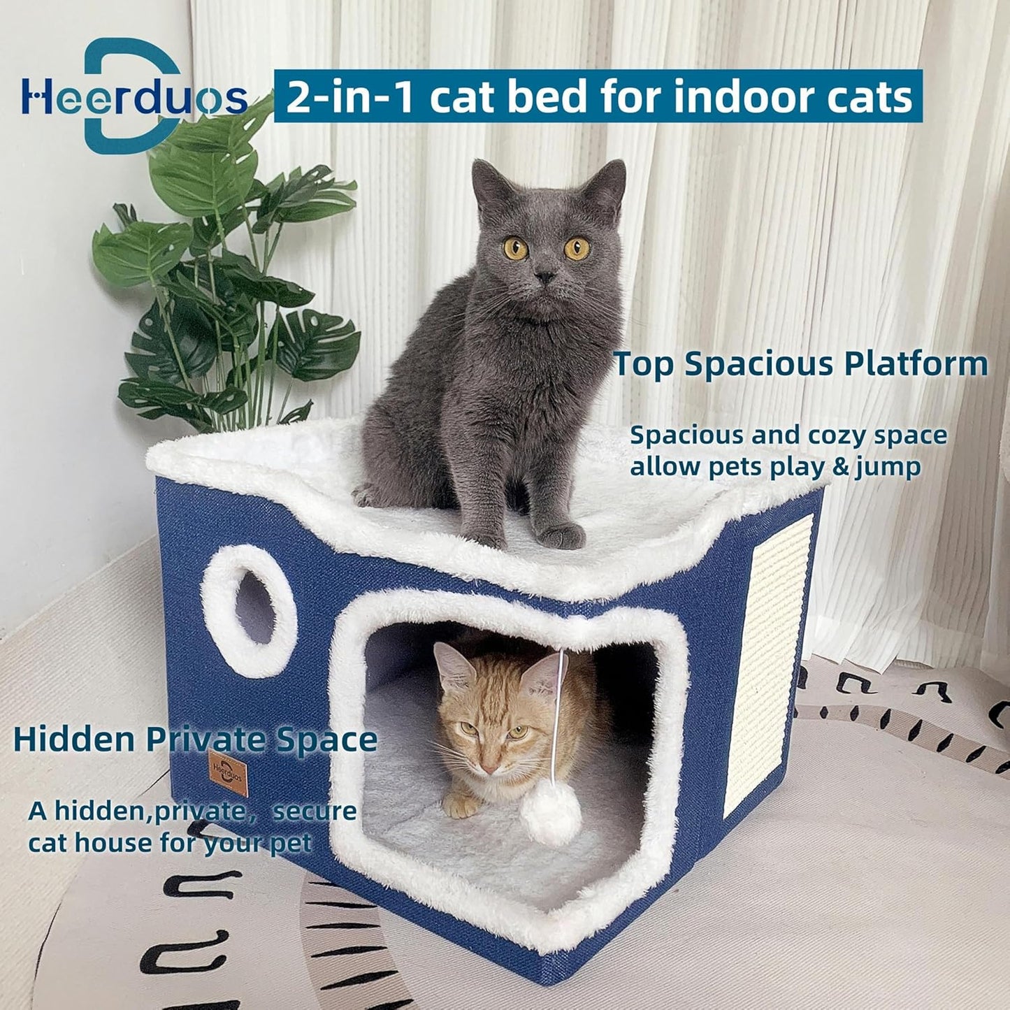 Cat Bed for Indoor Cats,Covered Cat Cave House & Furniture with Scratch Pad,Foldable Cat Hideaway Hut Cute Cat Condo with Soft Washable Mat for Multi Small Pet Under 30 lbs Navy Blue - Pet Explorer