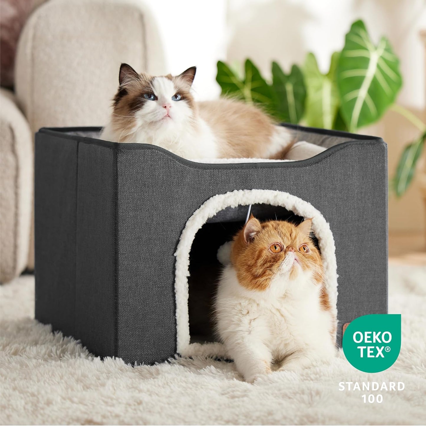 Bedsure Cat Beds for Indoor Cats - Large Cat Cave for Pet Cat House with Fluffy Ball Hanging and Scratch Pad, Foldable Cat Hideaway, 16.5x16.5x13 inches, Dark Grey - Pet Explorer