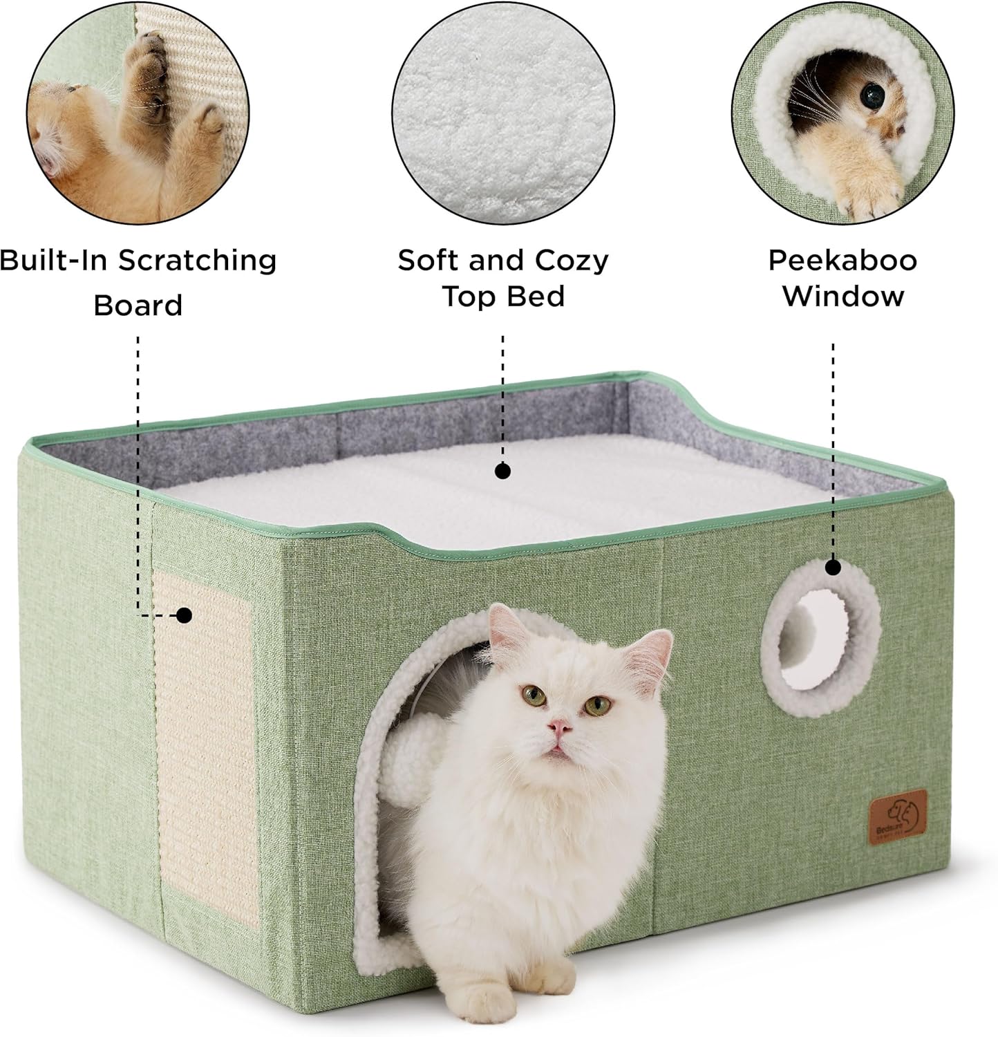 Bedsure Large Cat Beds for Indoor Cats - Extra Wide Cat Cube House for Small Pet with Fluffy Ball Hanging and Scratch Pad, Foldable Pet Cave Hideaway for Multiple Cats, 23.6x16.9x13 inches, Green - Pet Explorer