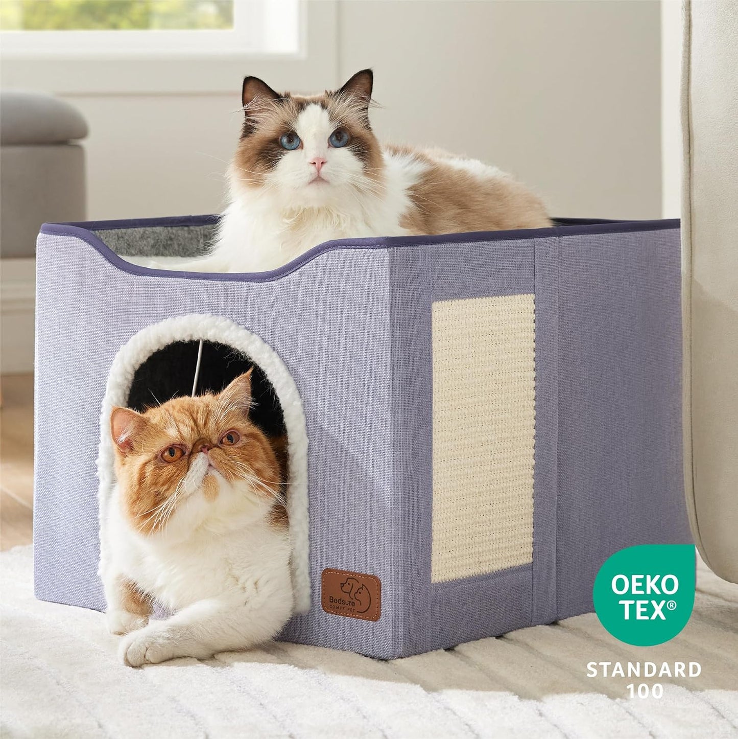 Bedsure Cat Beds for Indoor Cats - Large Cat Cave for Pet Cat House with Fluffy Ball Hanging and Scratch Pad, Foldable Cat Hideaway, 16.5x16.5x13 inches, Cloud Purple - Pet Explorer