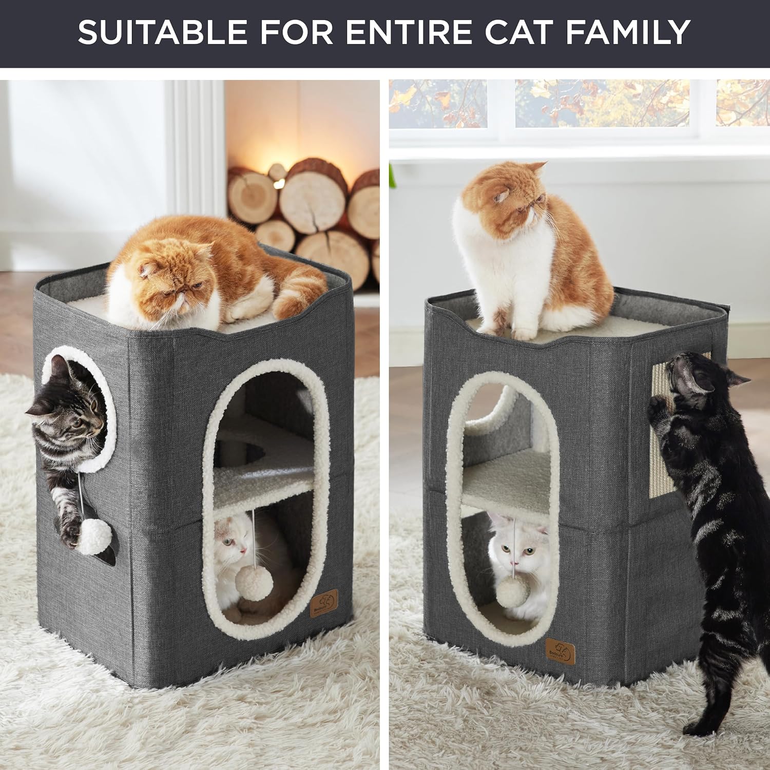 Bedsure 2 Story Cat House - Cat Condos for Indoor Cats with Scratch Pad and Fluffy Ball Hanging, Small Pet Cave Furniture Hideaway for Multi Pets, 18x14x23 inches, Dark Grey - Pet Explorer