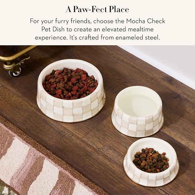 MACKENZIE-CHILDS Enamel Pet Bowl, Cute Cat and Dog Bowl for Food and Water, Medium, Brown-and-White Mocha Check
