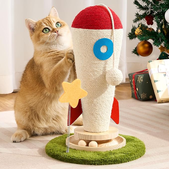 Cat Scratching Post, Rocket Cute Sisal Cat Scratcher with Durable Solid Wood Turntable Toy, Cat Scratch Post Red Cat Scratcher with Spinning Star Toy for Indoor Adult Cats