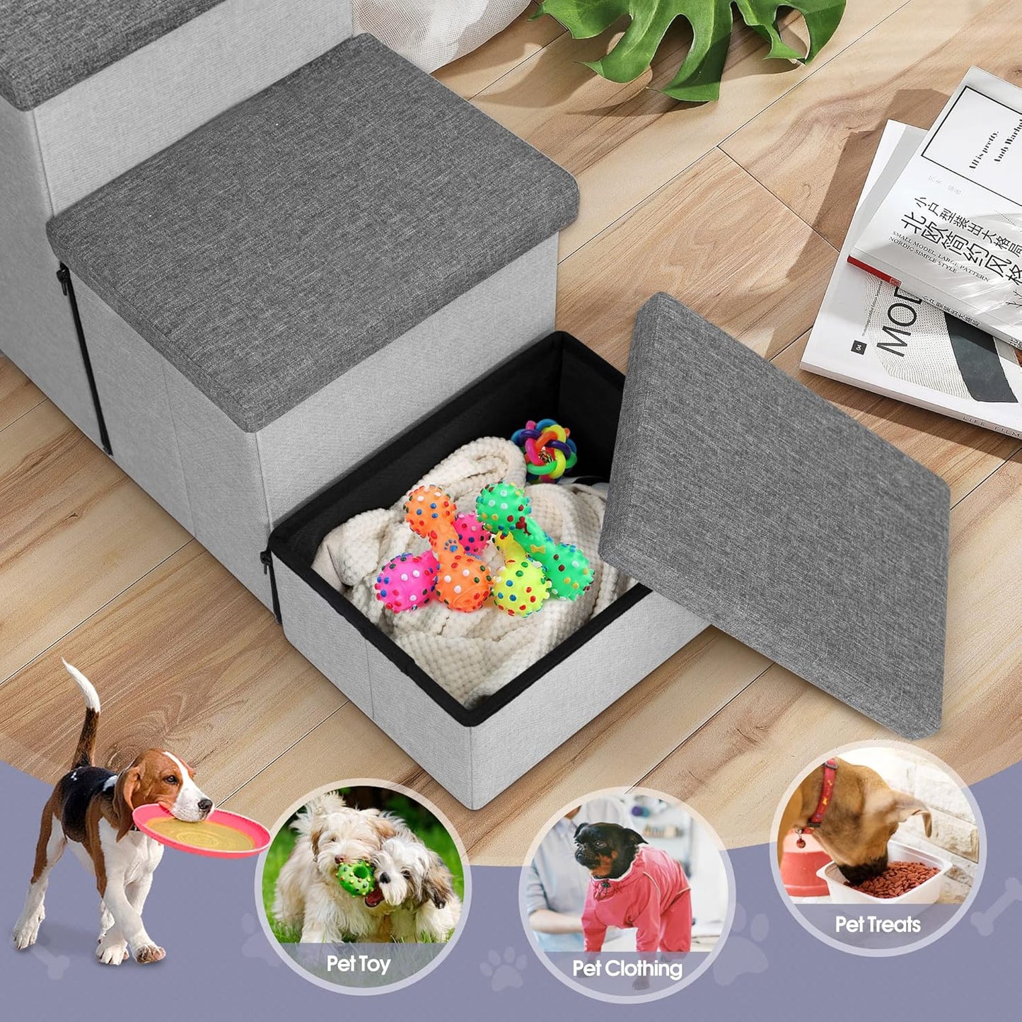 Heeyoo Dog Stairs with Storage, Foldable Dog Steps for Small Dogs, 3 Tiers Non-Slip Pet Stairs for High Beds Or Couch and Sofa, Hold up to 200 lbs Pet Cat - Pet Explorer