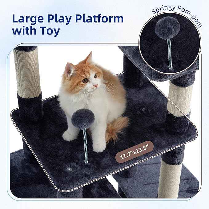 Cat Tree for Indoor Cats, 55.1 inch Cat Tower with 7 Sisal Scratching Posts, Multi-level Cat Condo wit Large Play Platform Furry Ball, Cat Cave, 2 Padded Perches, Basket, Smoky Gray GCT013G