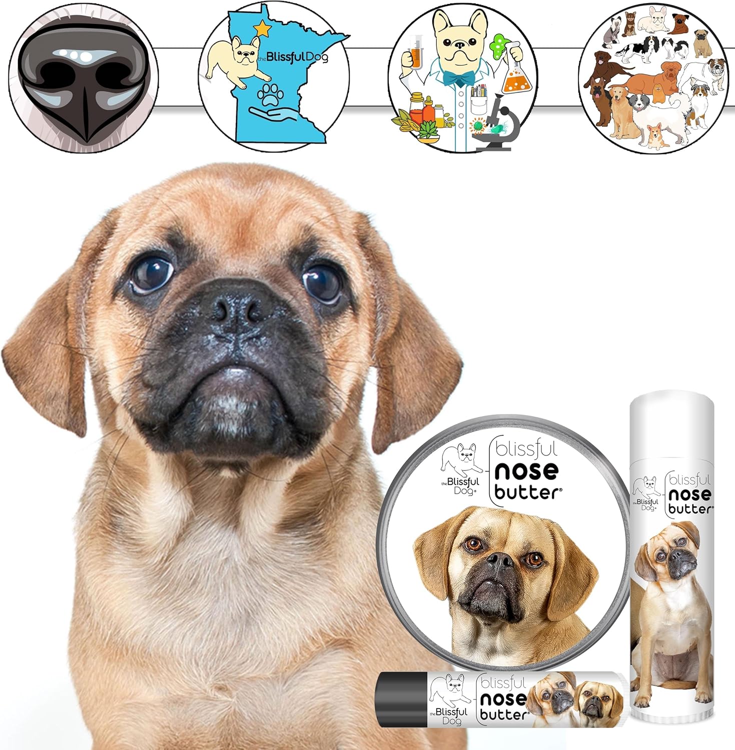 The Blissful Dog Puggle Nose Butter for Dry, Cracked Skin, Lick-Safe Dog Nose Balm with Moisturizing Shea Butter, Almond, Olive, and Essential Oils, Pet Supplies, Uncented, 4 oz. - Pet Explorer