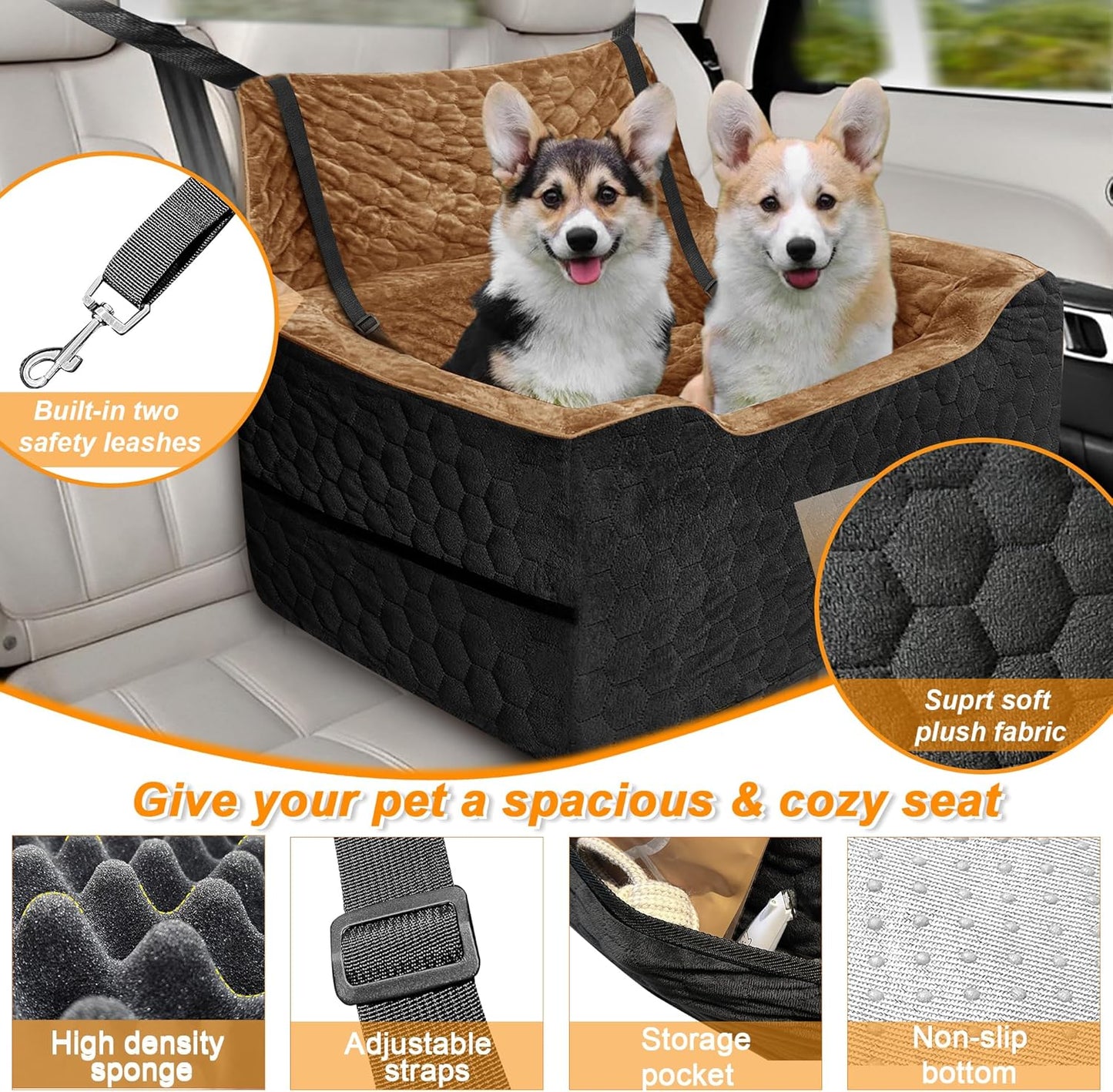 Dog Car Seat for Small/Medium Dogs, Memory Foam Dog Booster Seat, Travel Safety Per Car Seat with Washable Removable Cover, Storage Pockets for Dogs up to 35 lbs(BlackBrown) - Pet Explorer