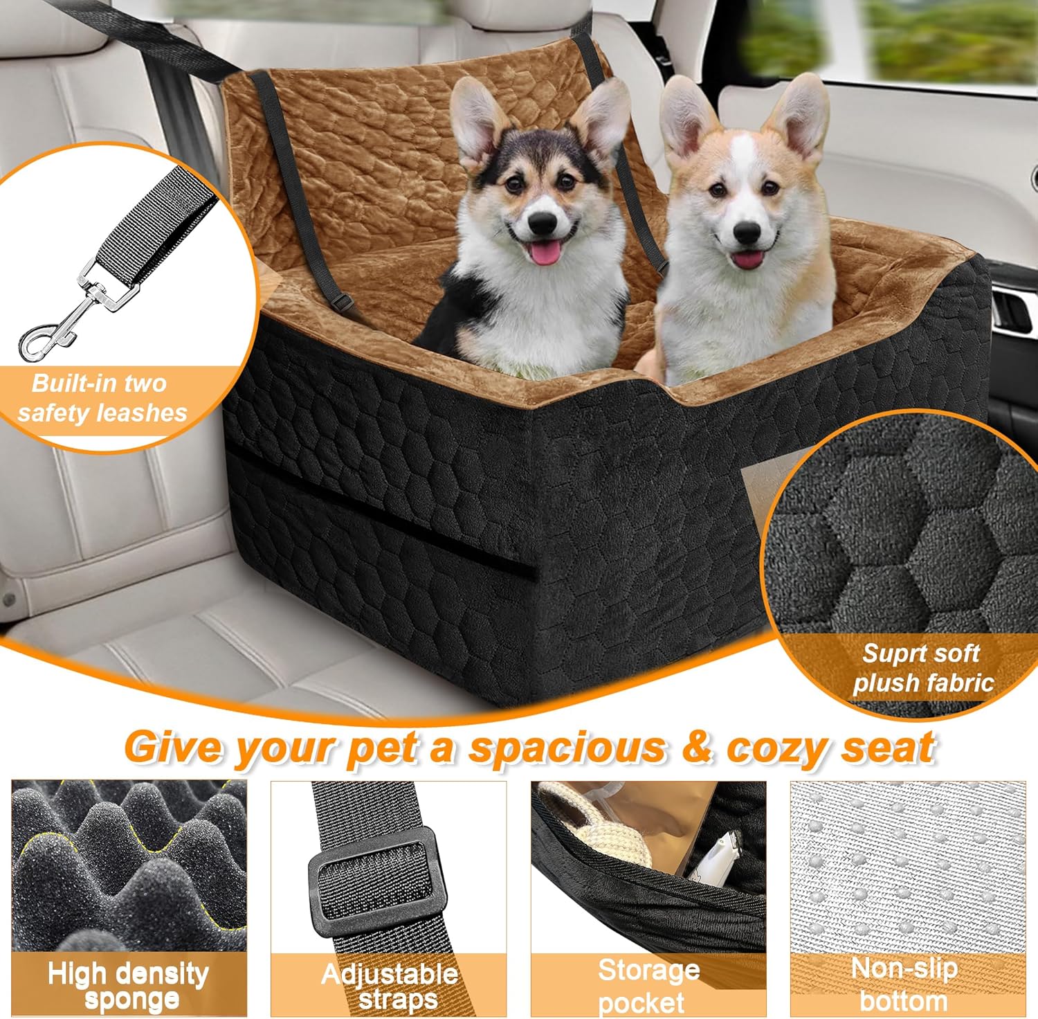 Dog Car Seat for Small/Medium Dogs, Memory Foam Dog Booster Seat, Travel Safety Per Car Seat with Washable Removable Cover, Storage Pockets for Dogs up to 35 lbs(BlackBrown) - Pet Explorer