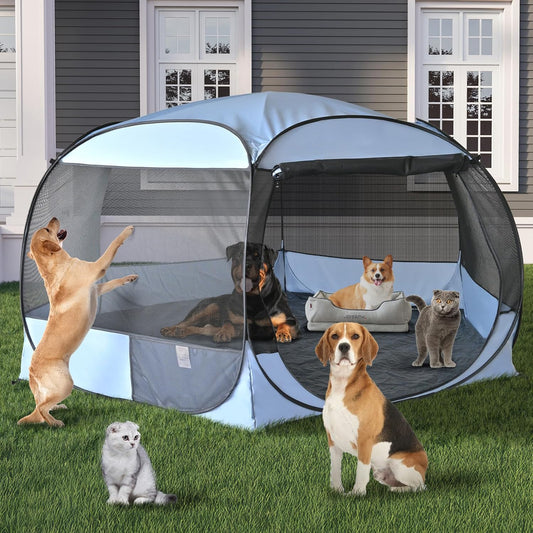XXLarge Popup Portable Dog Houses, 10'x4.8'H Assembly-Free Gazebo-Style Kennel Dog Playpen Pet Screen Tent Sun Shade Shelter, Dog Crates Canopy for Travel Camping Anti-Bugs with Leakproof Bottom - Pet Explorer