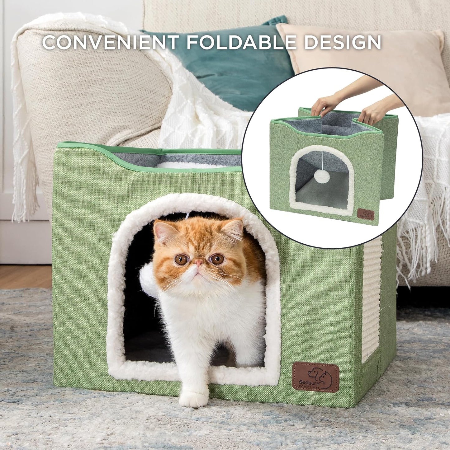 Bedsure Cat Beds for Indoor Cats - Large Cat Cave for Pet Cat House with Fluffy Ball Hanging and Scratch Pad, Foldable Cat Hideaway, 16.5x16.5x13 inches, Green - Pet Explorer