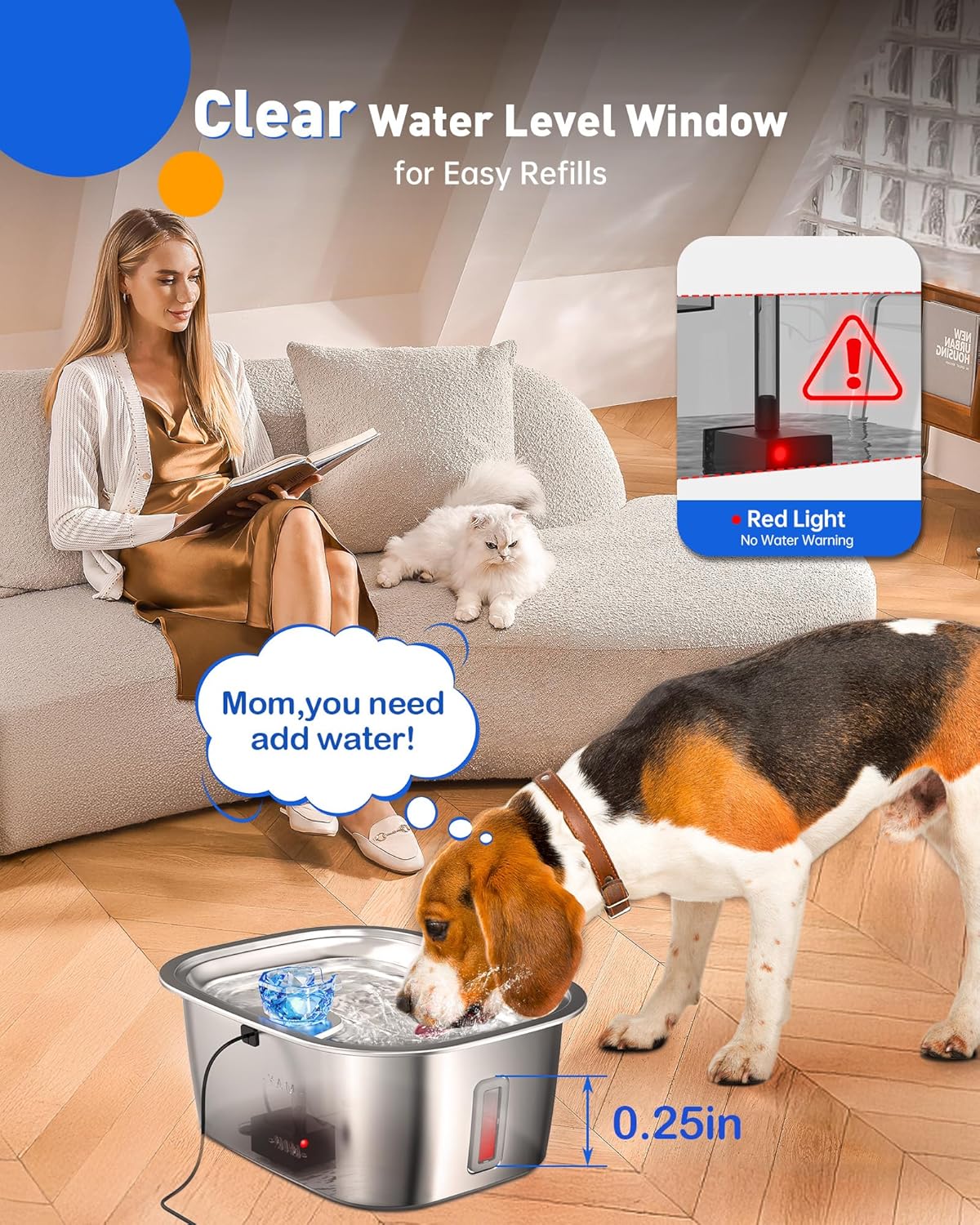 Dog Water Fountain for Large Dogs Stainless Steel, 3Gal Extra Large Dog Water Bowl Dispenser with 2 Filters & Visual Window, Automatic Filtered Pet Fountain Indoor, Quiet Safe Pump with LED Indicator - Pet Explorer