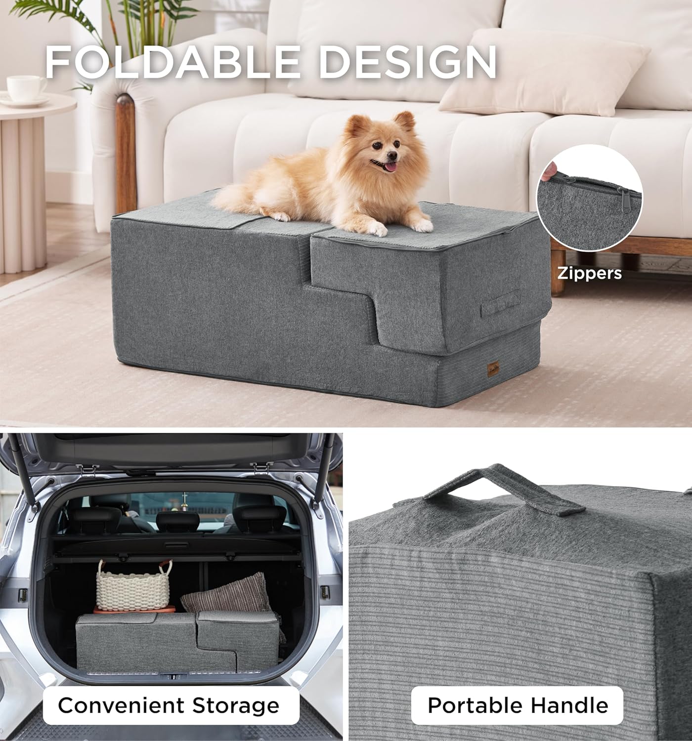 Made4Pets Dog Steps for Bed, Extra Wide Dog Stairs for High Bed Couch Sofa, 35D Foam Pet Steps for Small Dogs and Cats, Non-Slip Bottom Pet Stairs, Grey, 4 Steps - Pet Explorer