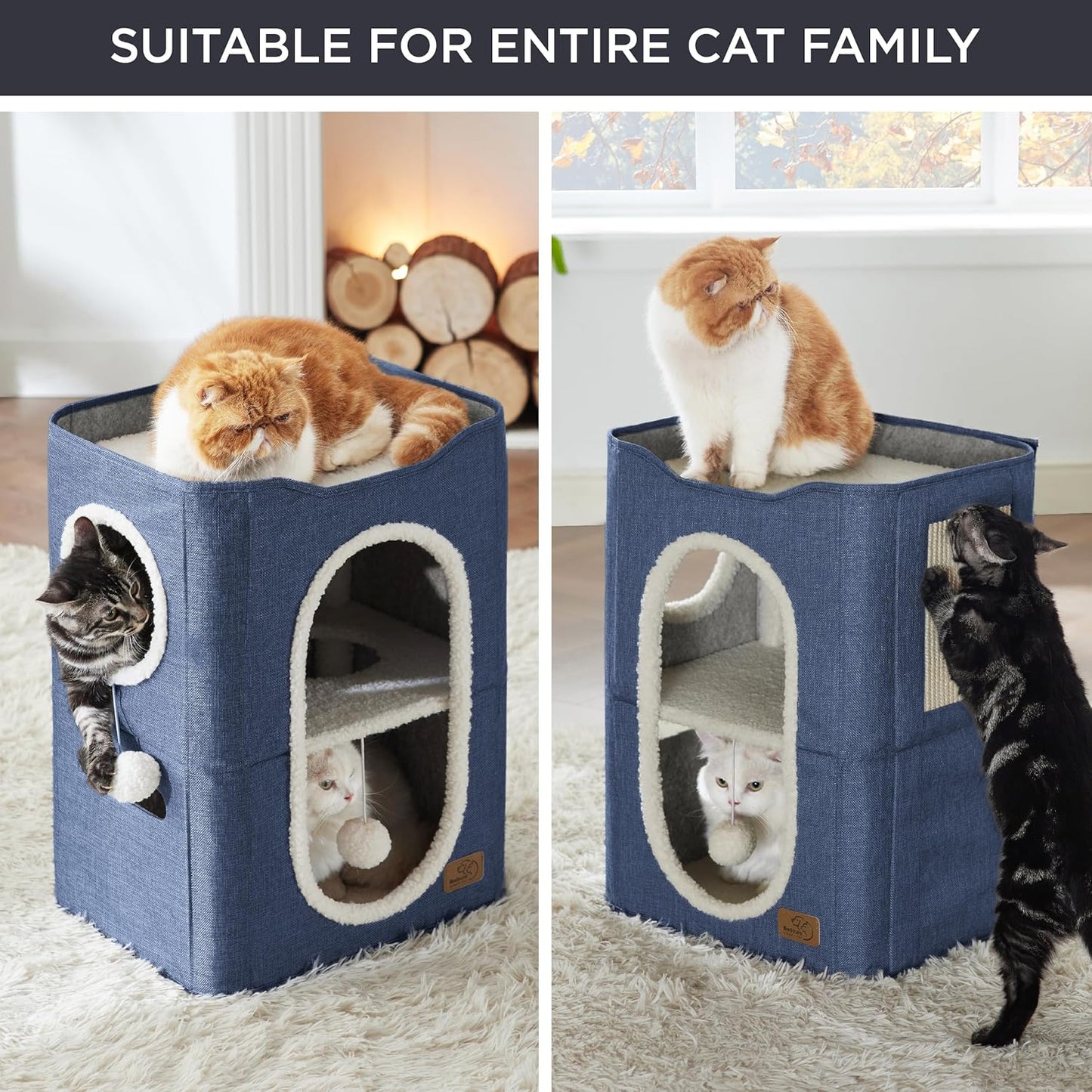 Bedsure 2 Story Cat House - Cat Condos for Indoor Cats with Scratch Pad and Fluffy Ball Hanging, Small Pet Cave Furniture Hideaway for Multi Pets, 18x14x23 inches, Blue - Pet Explorer
