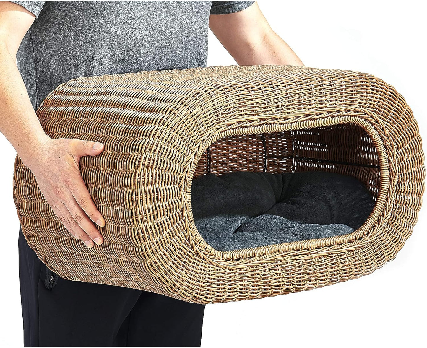 Fun Stackable Wicker Cat Hideaway House - Interactive Play Rattan Cat House for Indoor Cats Kitty, Pet Friendly Top/Side House Entry, Cat Bed Enclosed - Pet Explorer